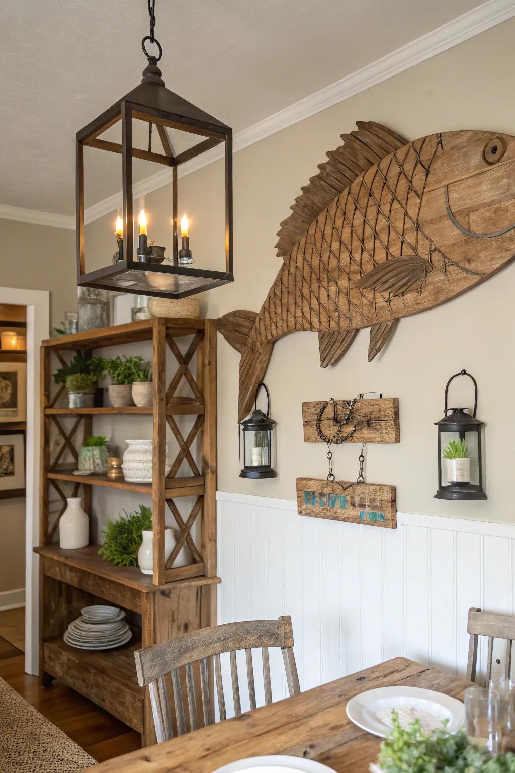 Wooden fish art adds a rustic charm to any room.