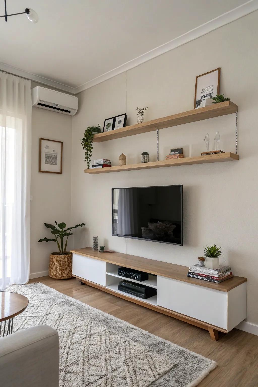 Embrace simplicity with minimalist floating shelves around your TV.