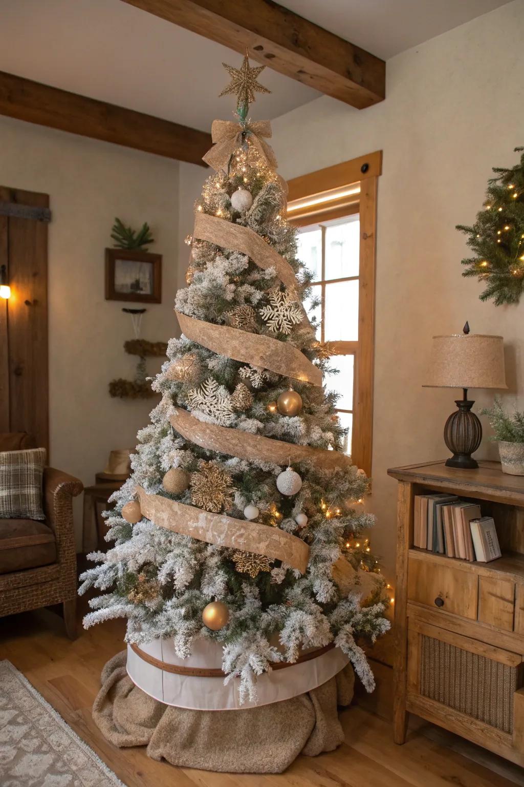 A rustic-themed flocked Christmas tree with burlap and wood accents.