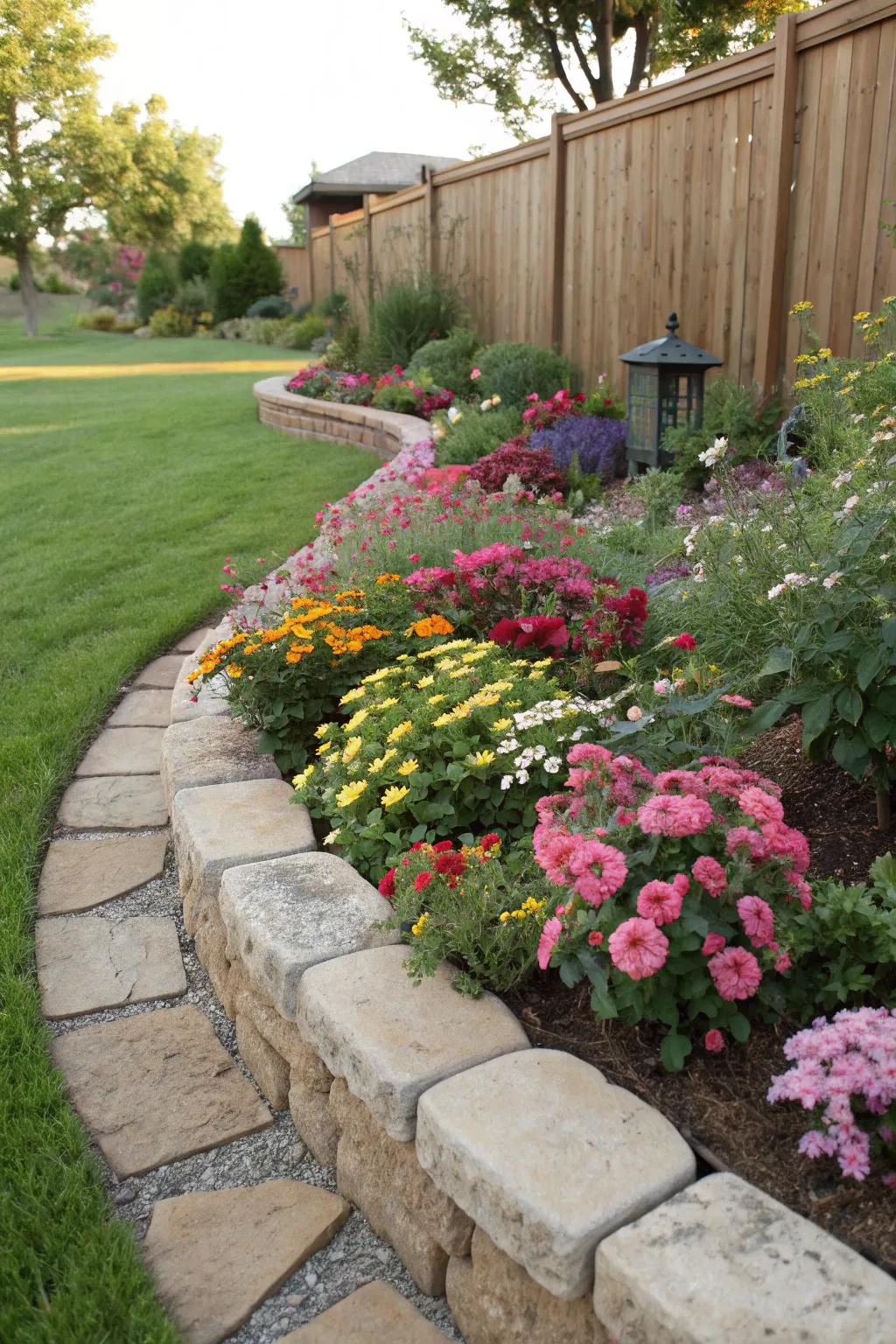 Classic stone edging adds elegance to any flower bed.