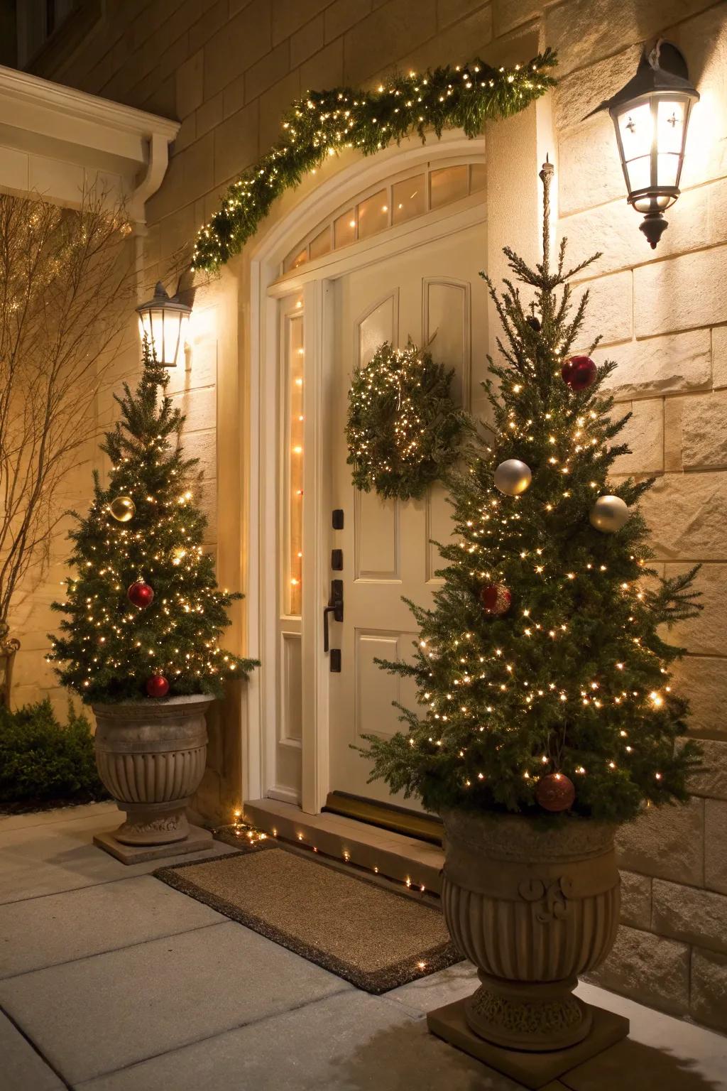 Mini Christmas trees in planters create a festive entrance.