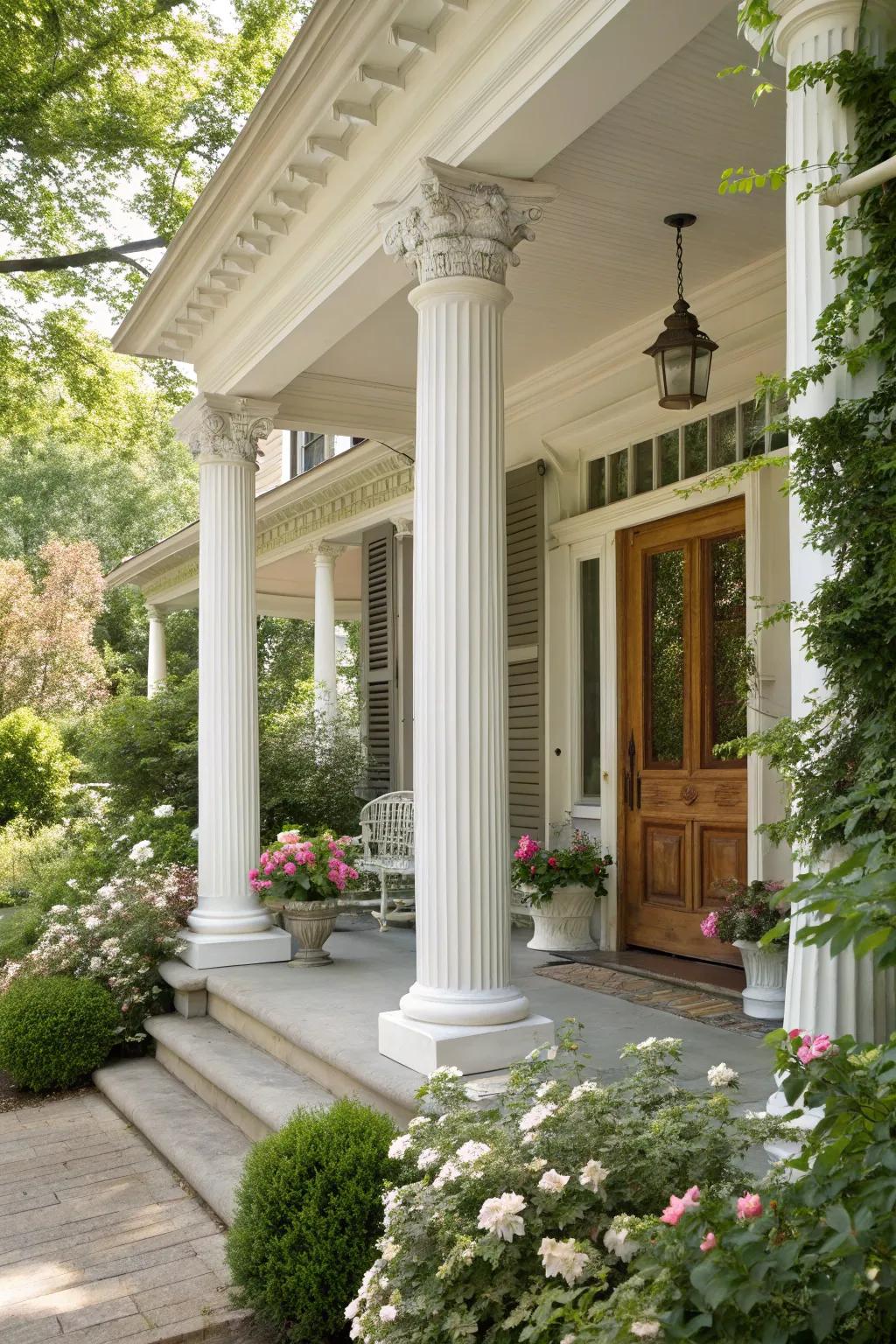 White columns provide a timeless and elegant look for any front porch.