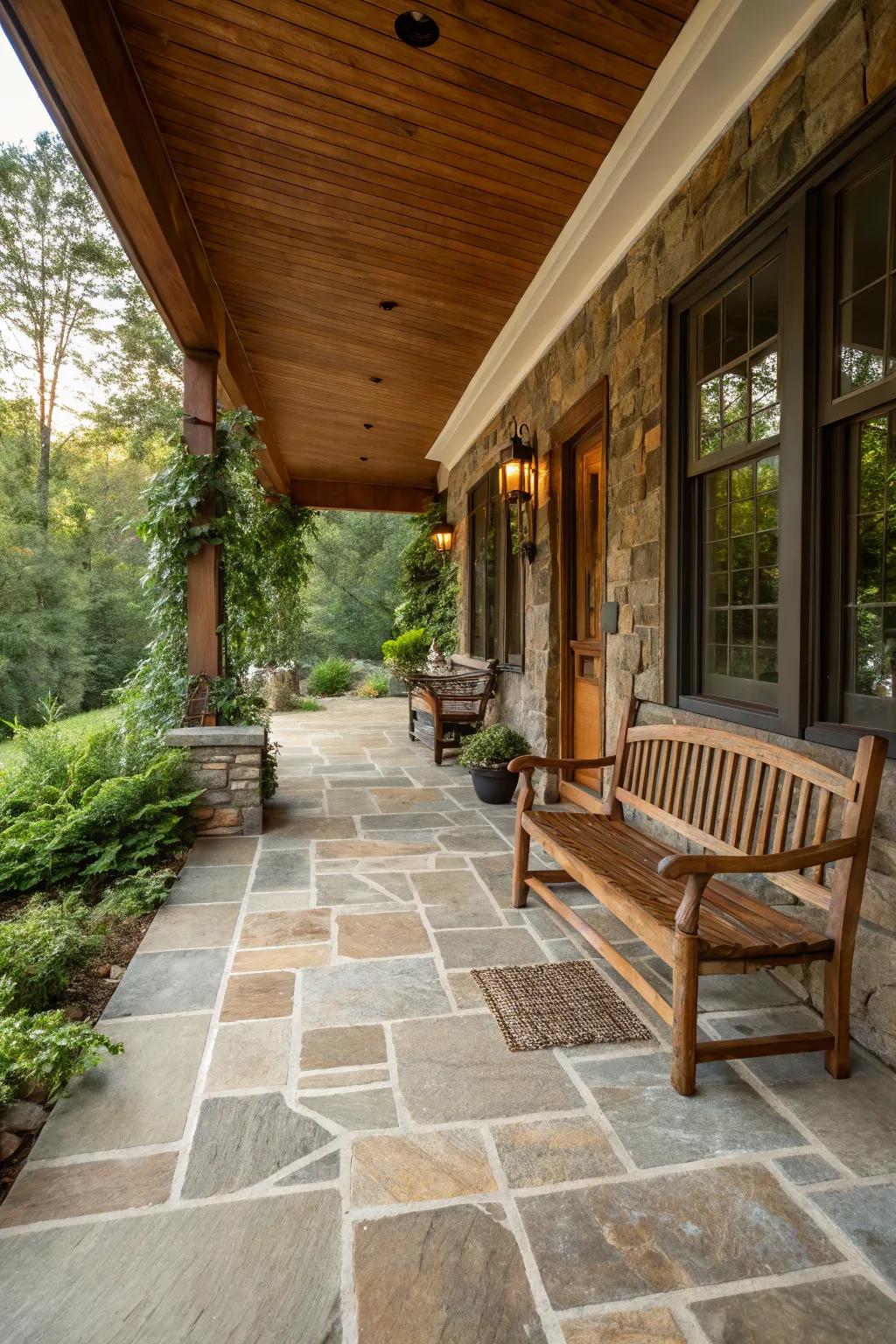 Natural stone tiles offer a rustic and timeless appeal for your porch.