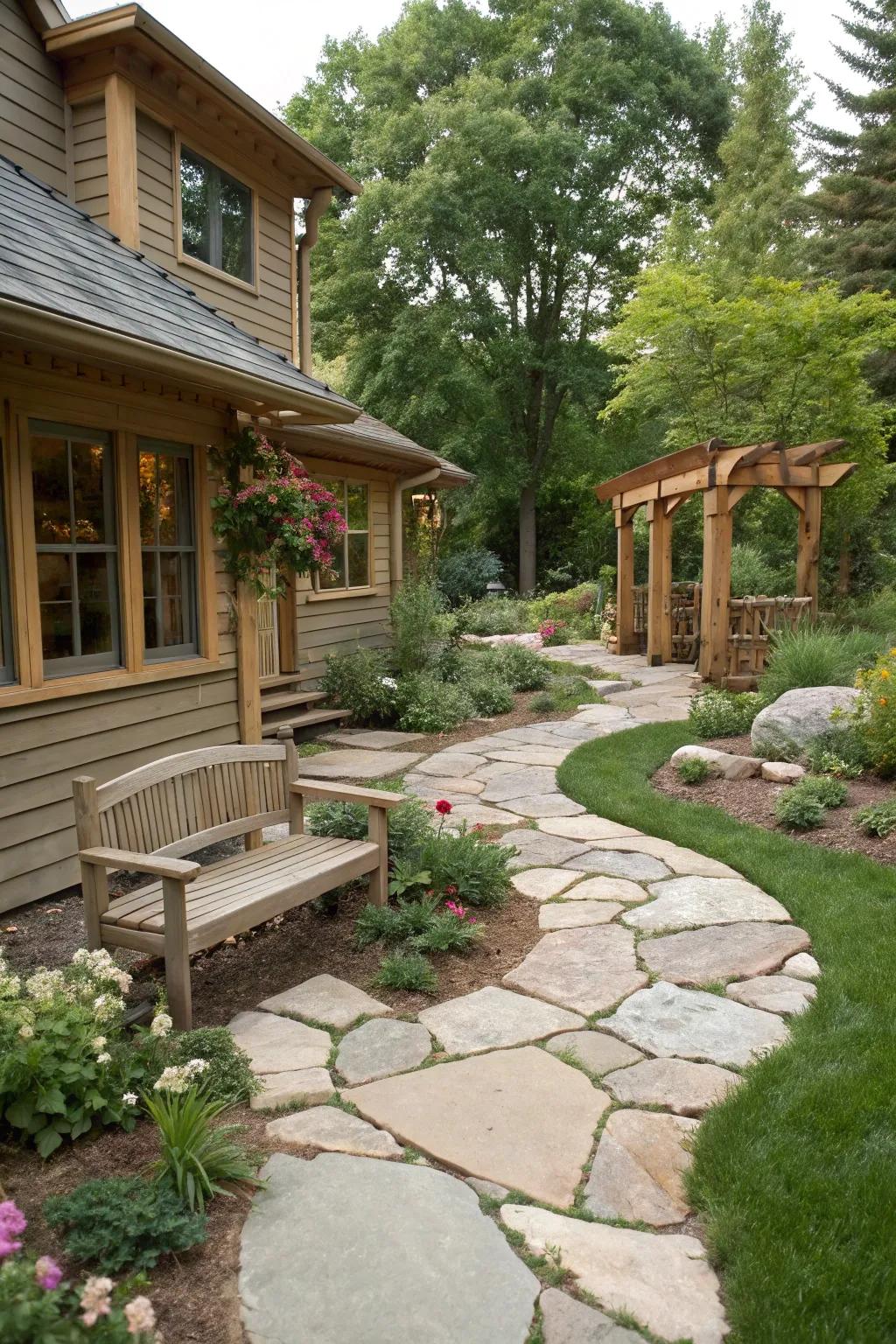 Natural stone pathways enhancing the ranch home's curb appeal