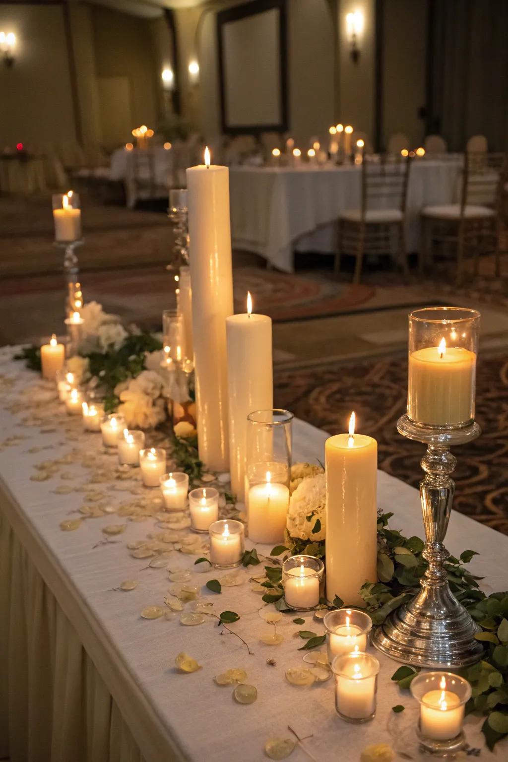 Candlelit romance with a variety of candles on a gala table.