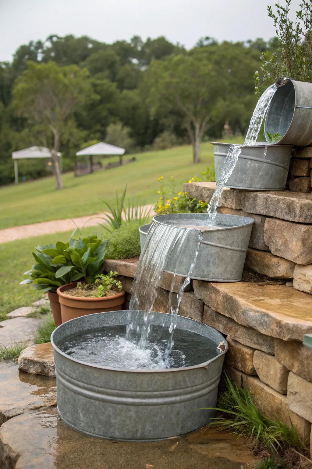 Cascading water through stacked troughs creates a serene waterfall.