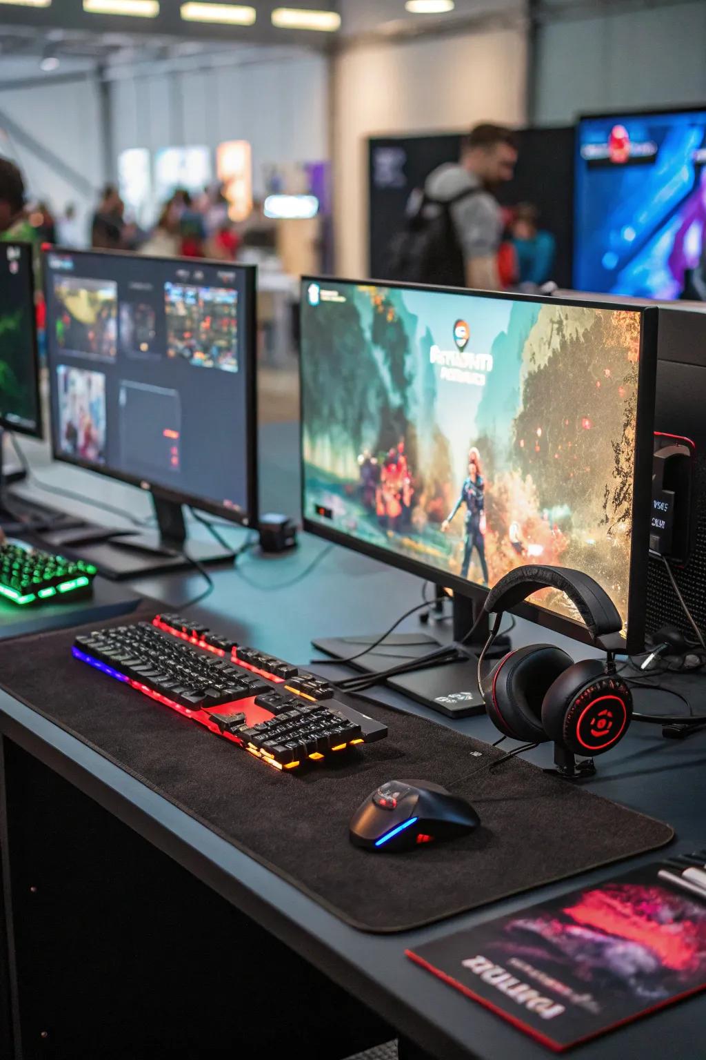 Multiple monitors enhance the gaming experience with a panoramic view.