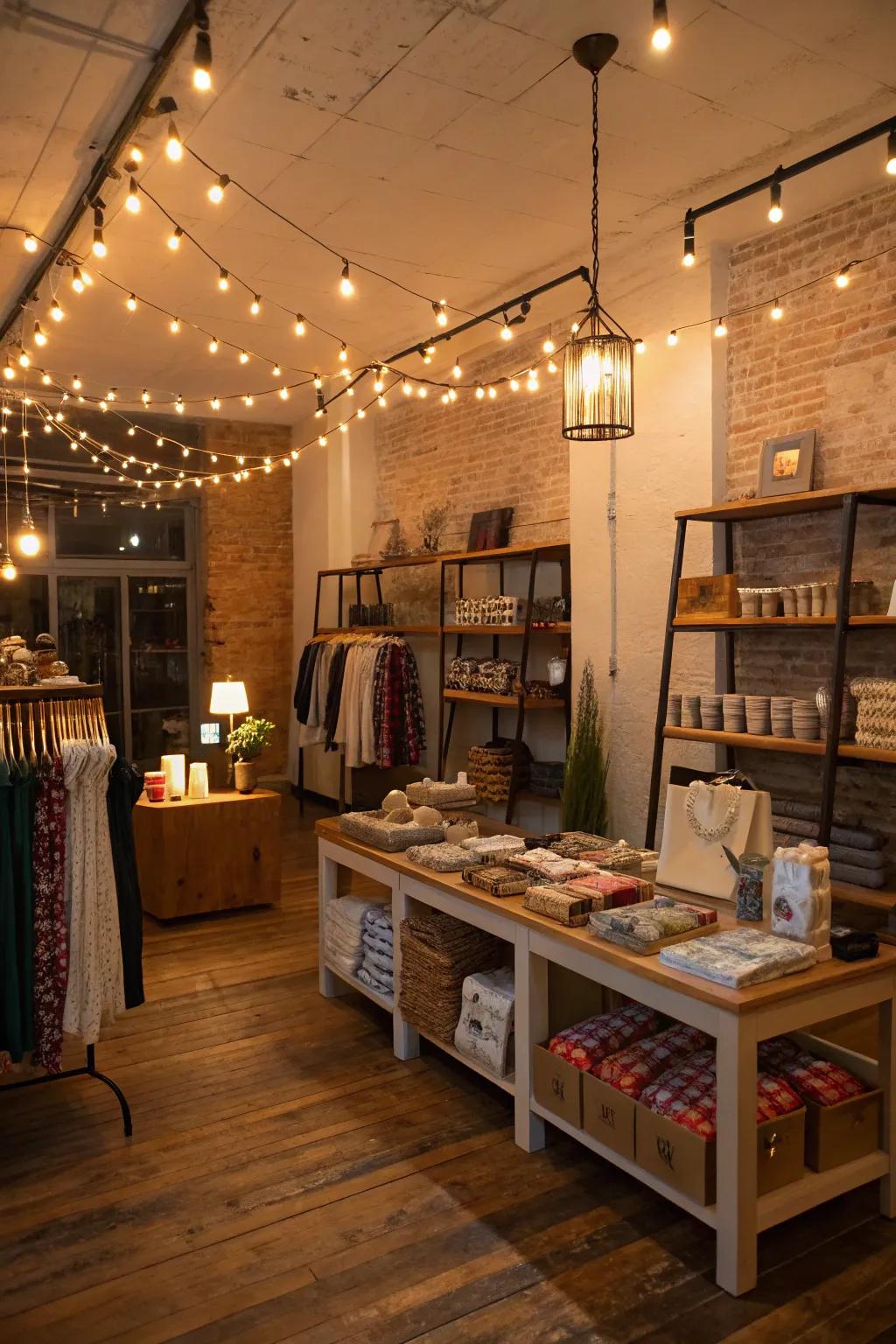 Ambient lighting using string lights and soft lamps in a garage boutique.