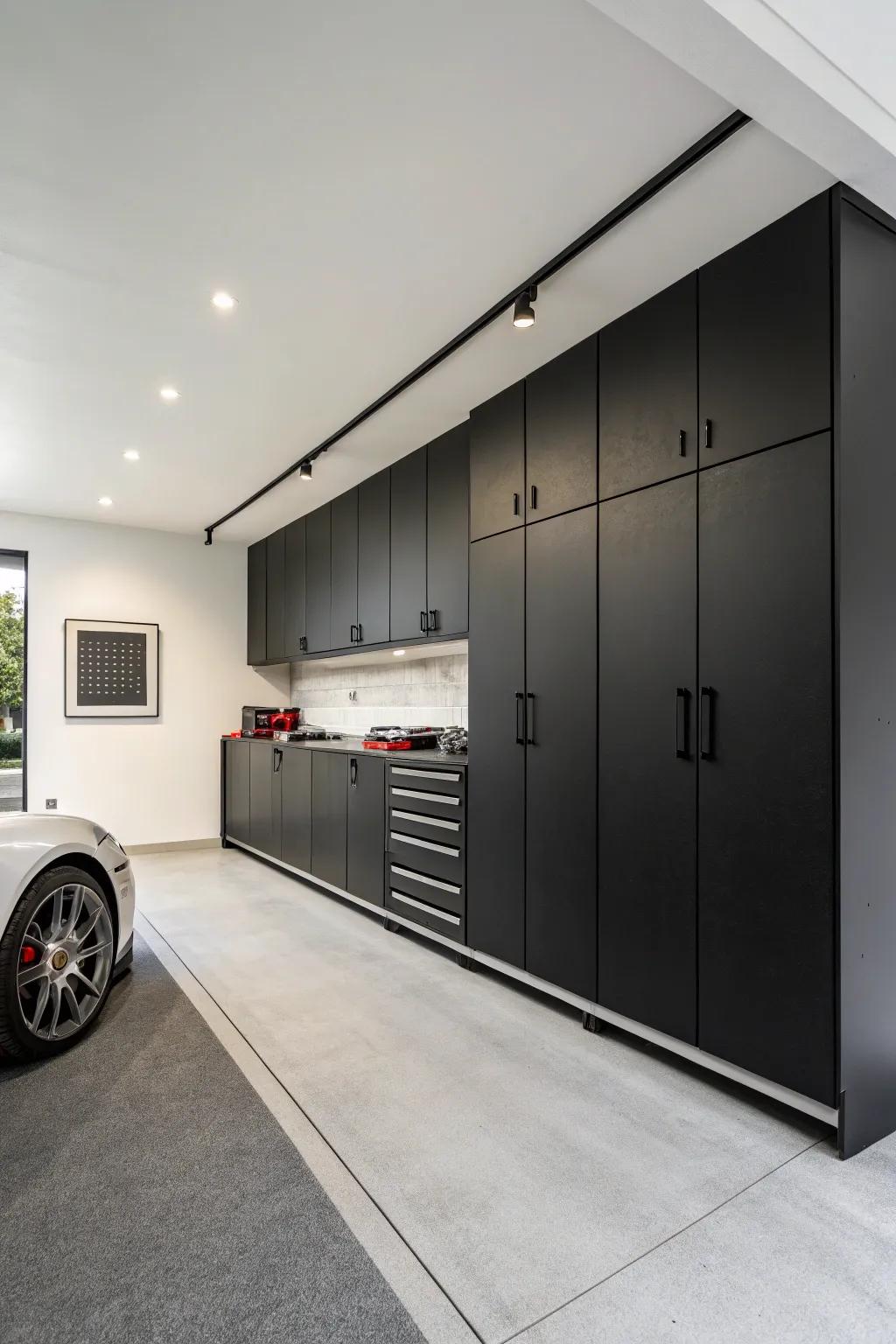 Black cabinets provide a sleek and timeless look.
