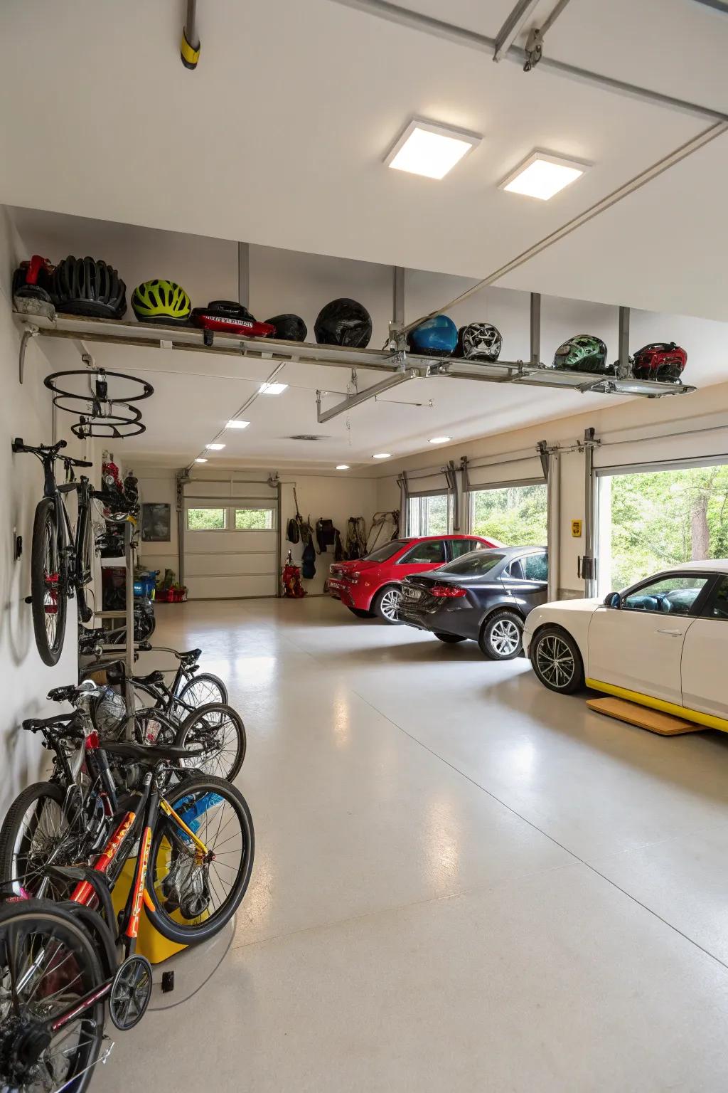 A spacious garage with room for cars and all your adventure gear.