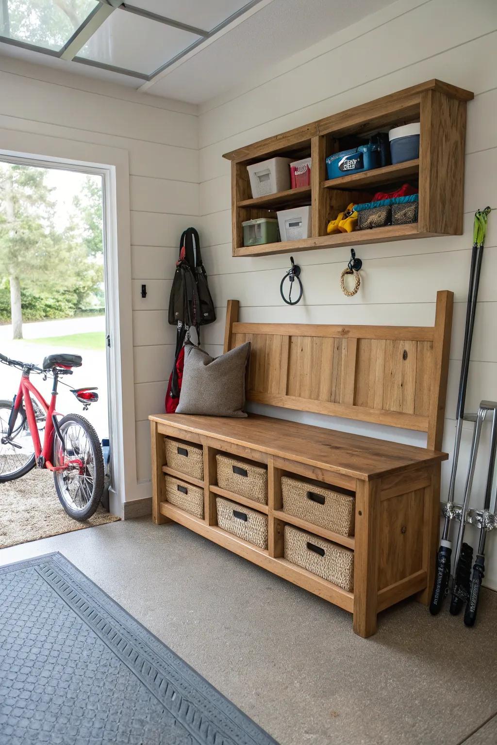 A cozy bench with storage is perfect for keeping shoes out of sight.