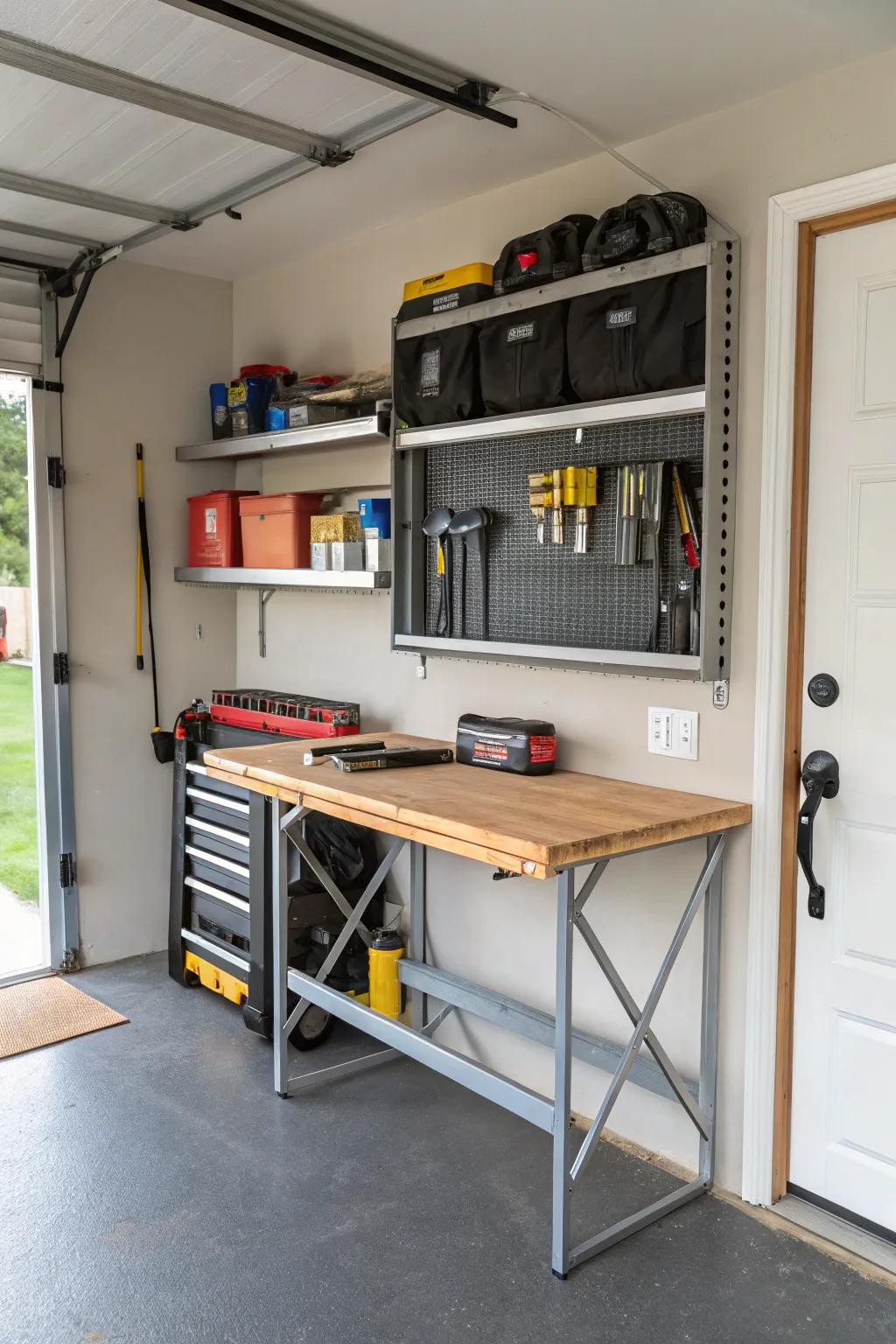 Foldaway workbenches provide flexibility in tight spaces.