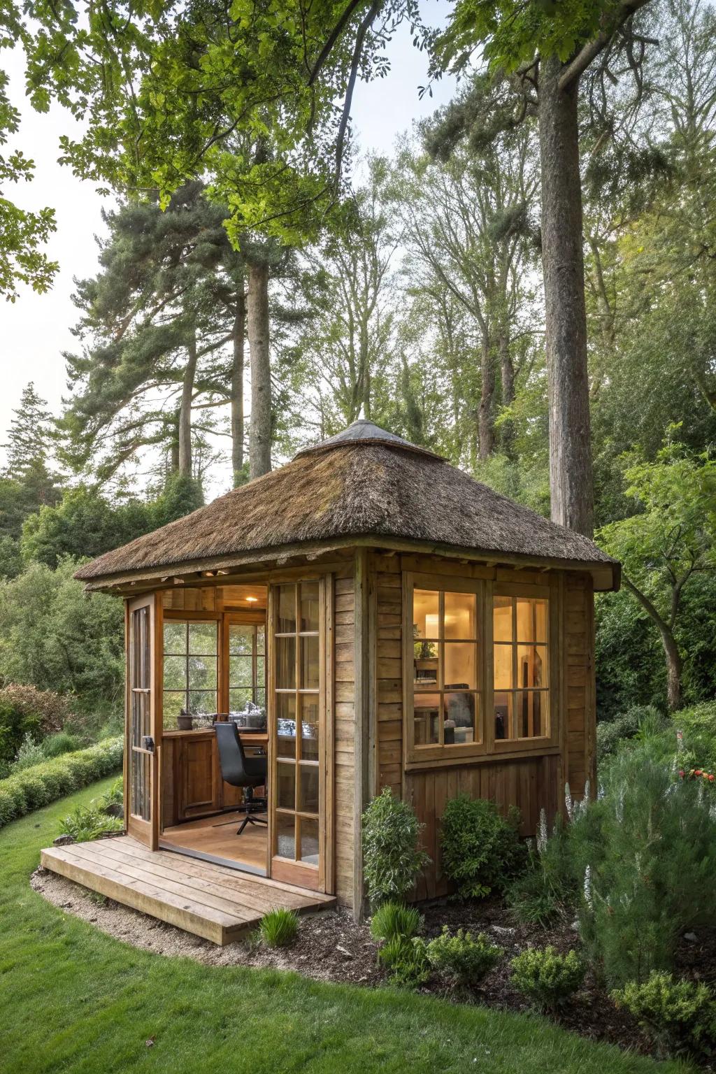 A cozy wooden retreat in the garden, blending seamlessly with the natural surroundings.