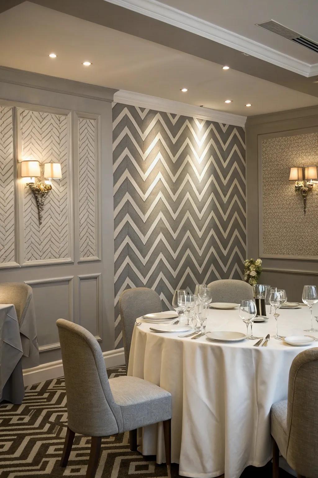 Sophisticated chevron patterns for a dining room.