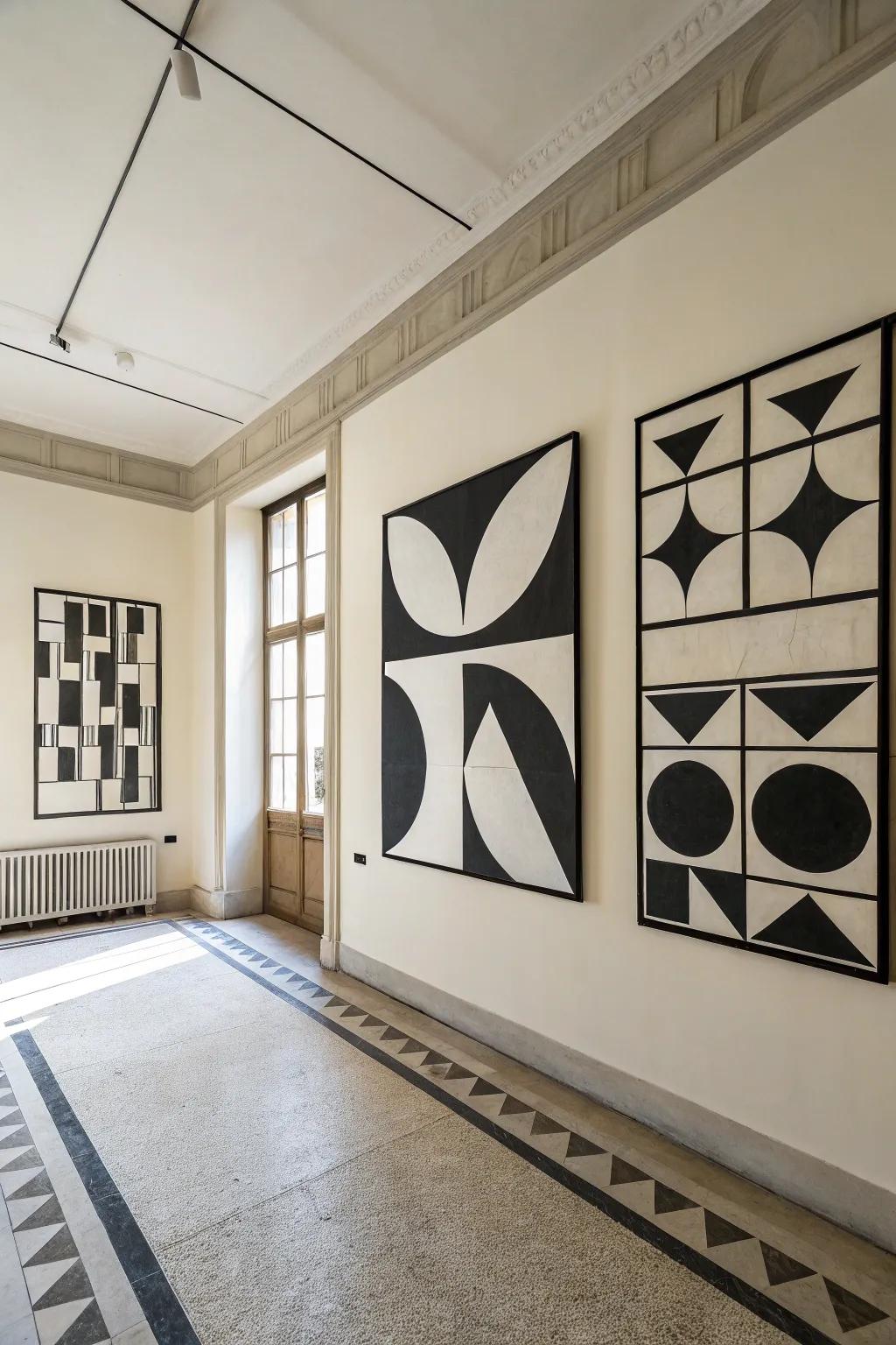 Black and white geometric art adds sophistication and elegance.