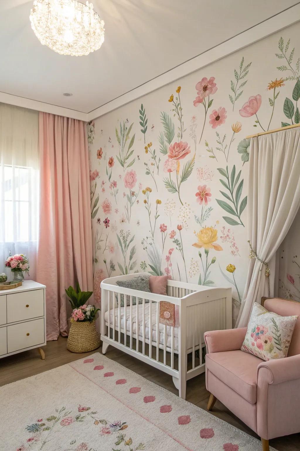 A whimsical floral mural adds charm to the nursery.