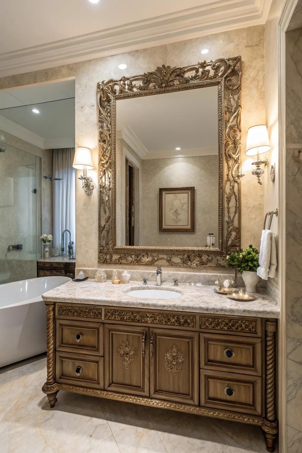 A luxurious bathroom with a large ornate mirror above a marble countertop.