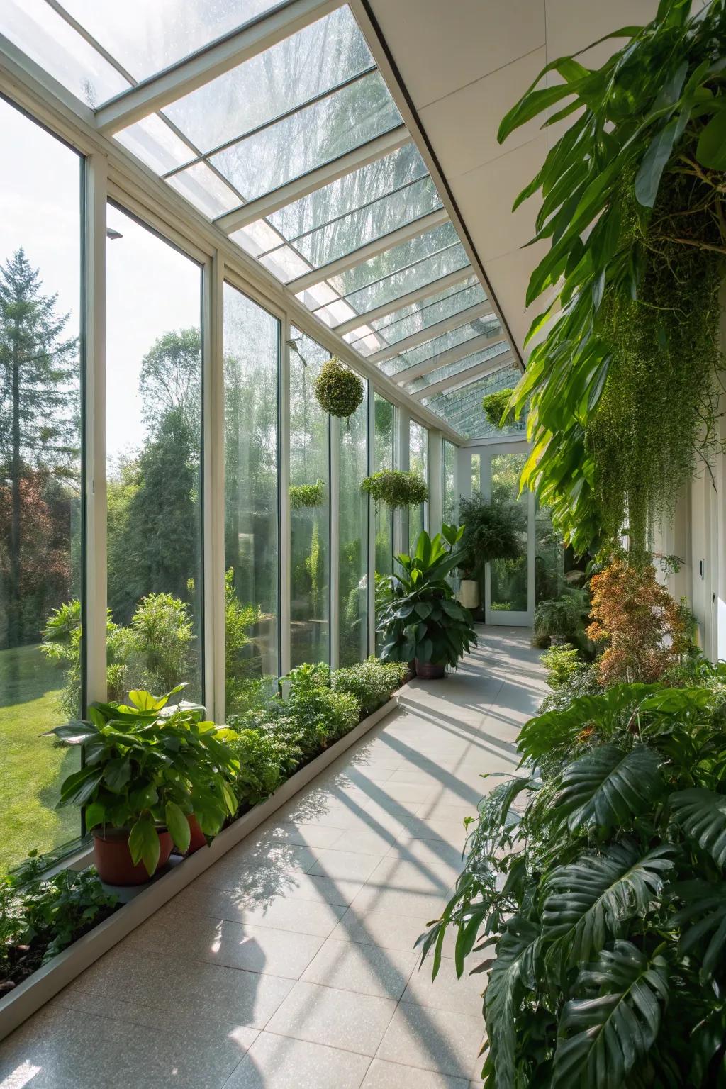 A tranquil green oasis created within a glass extension.