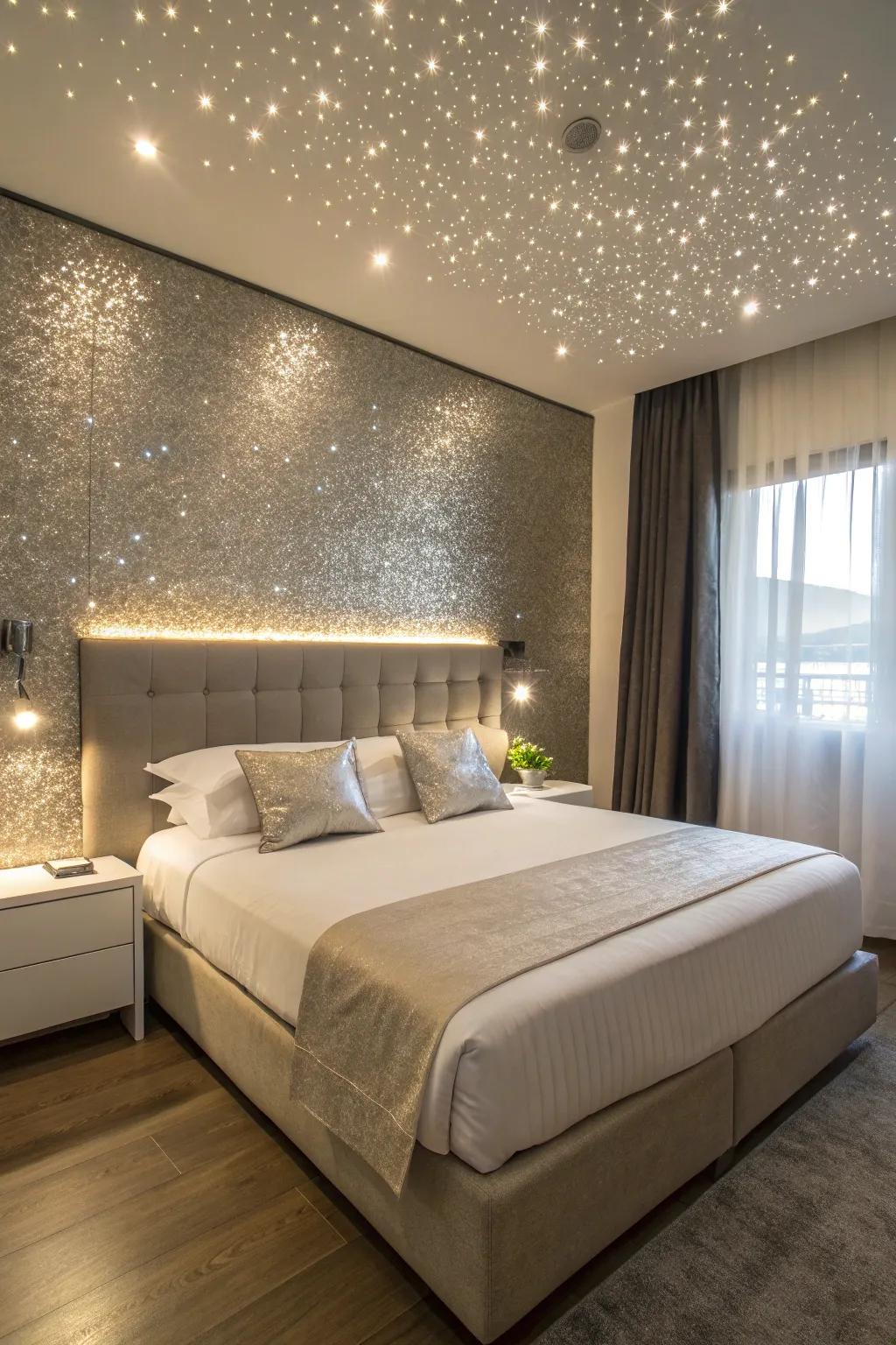 A glitter accent wall adds a dreamy touch to a bedroom.