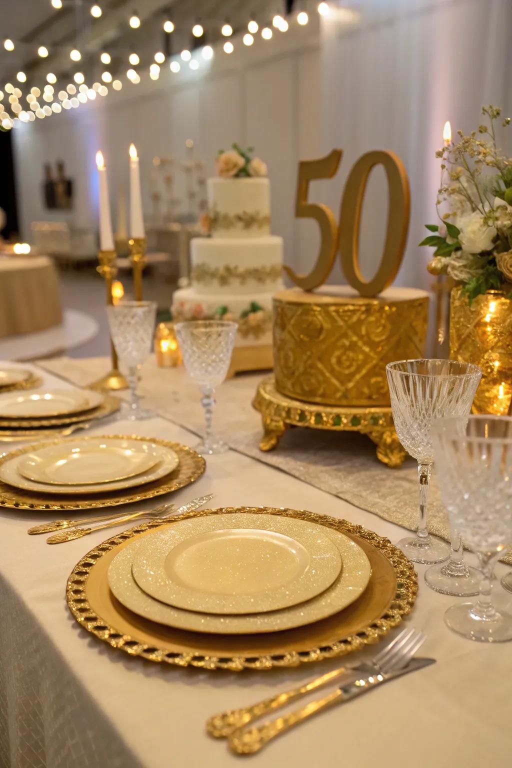 Luxurious gold-themed table settings add elegance to any celebration.