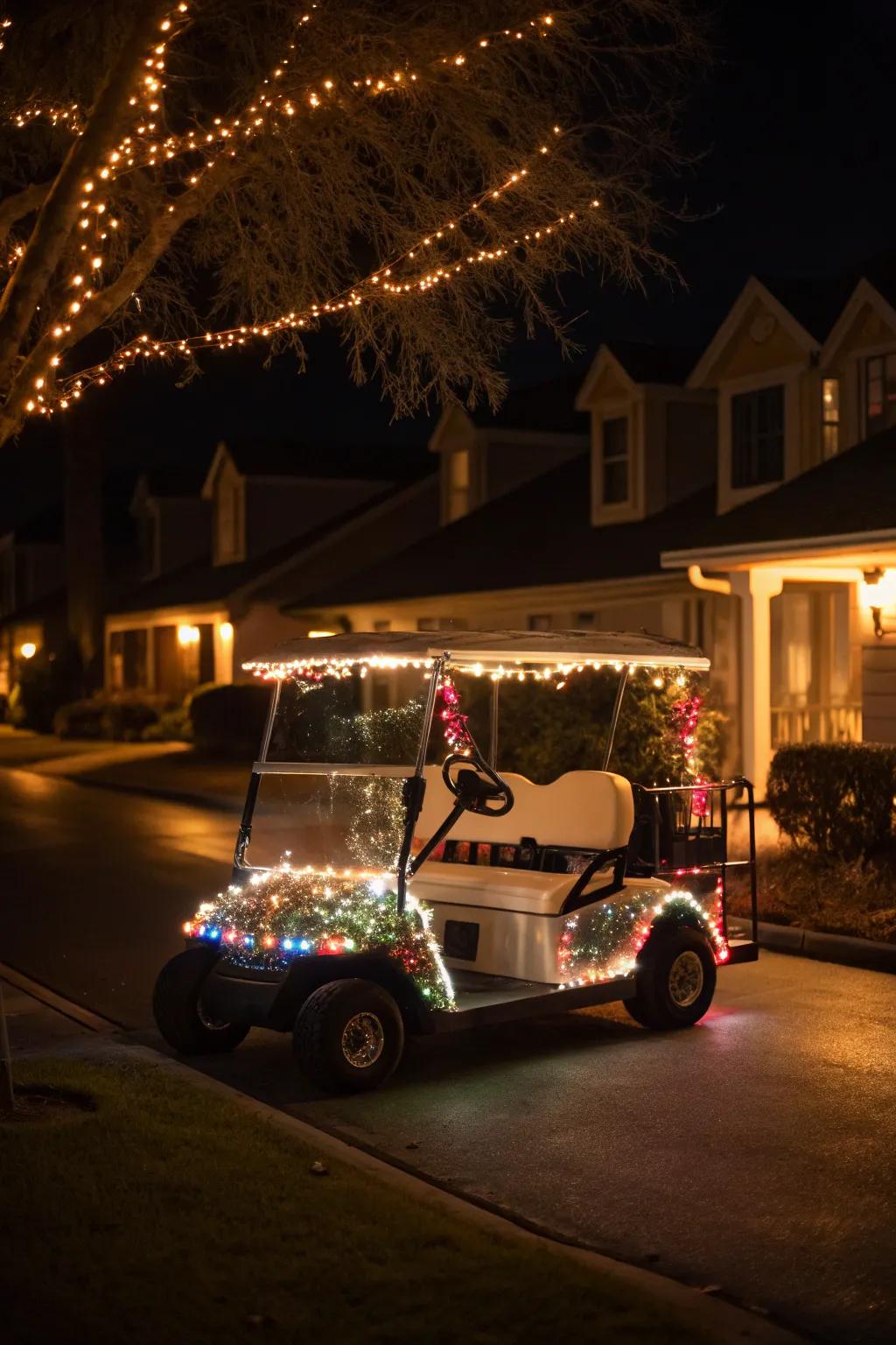 A golf cart aglow with festive string lights.