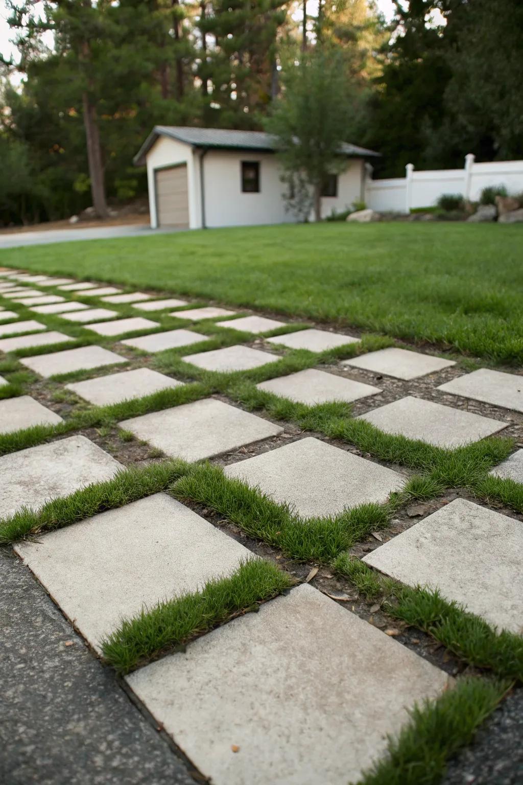 An eye-catching checkered pattern combining grass and stone for a bold statement.