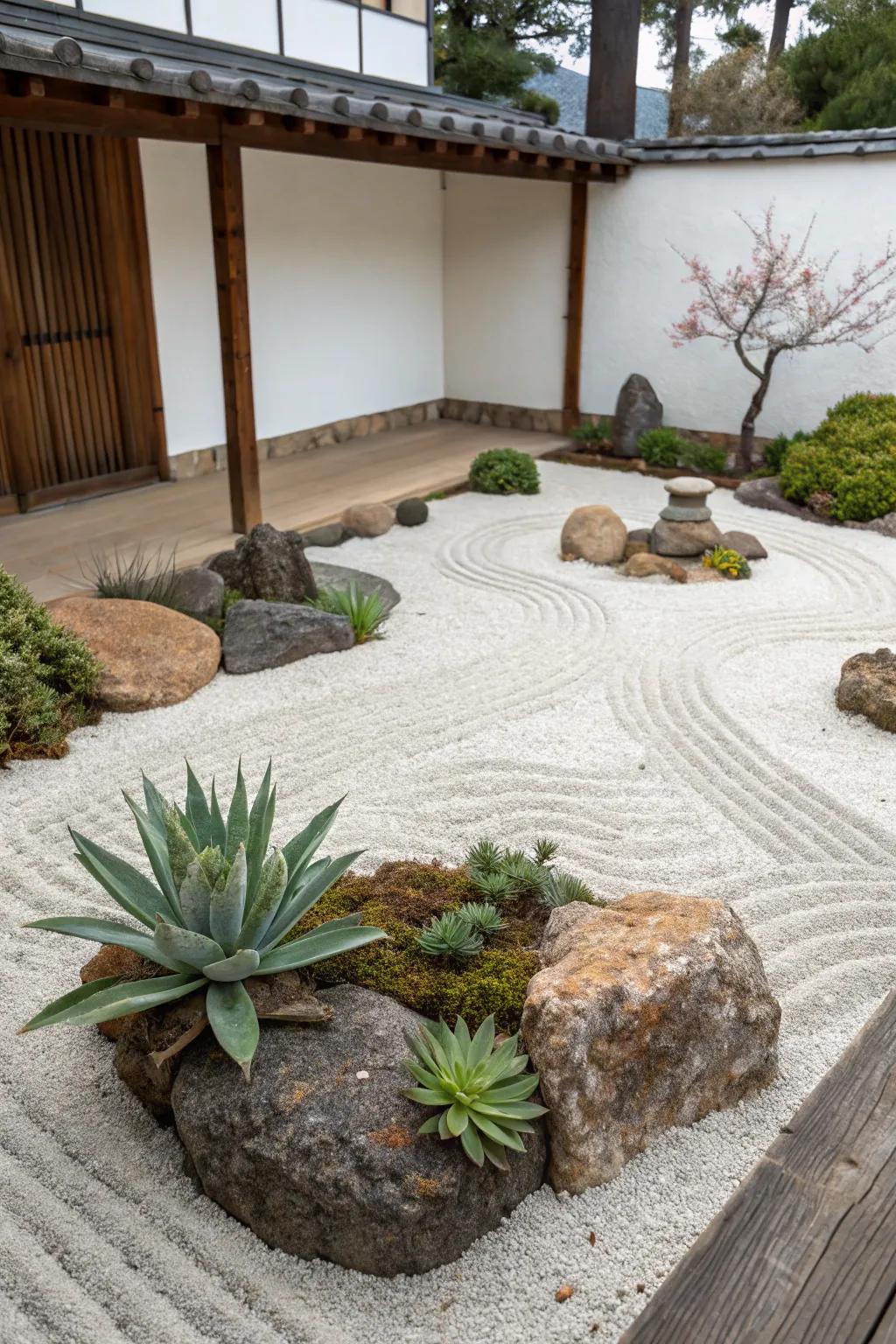 A Zen-inspired gravel flower bed with succulents