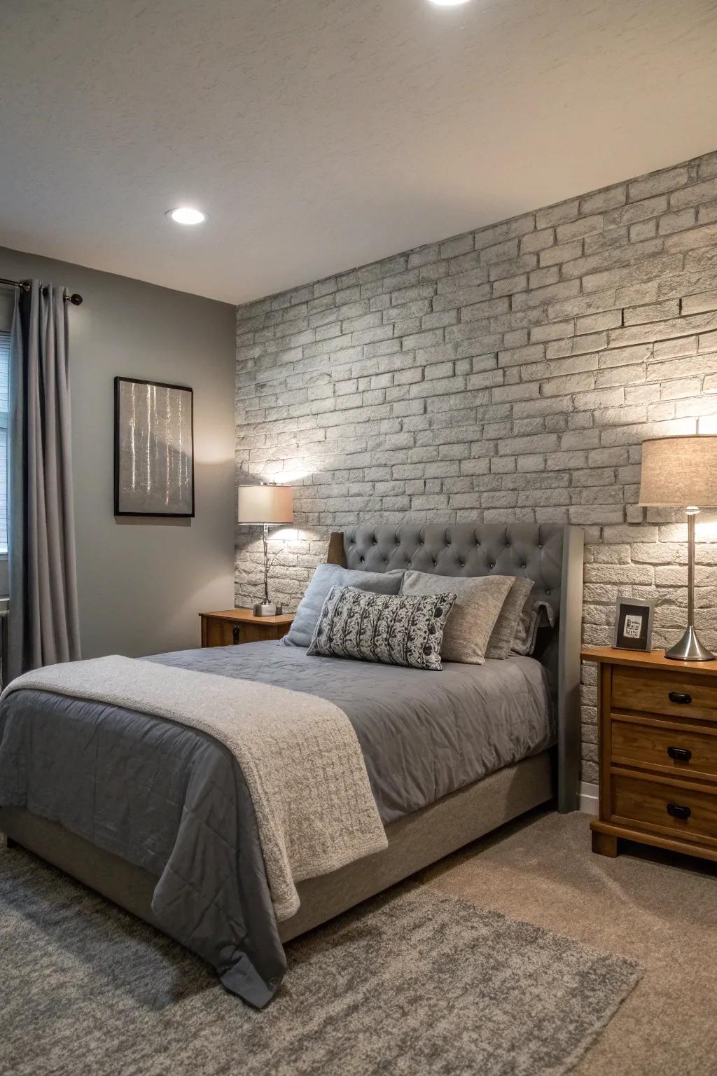 A textured wall adds warmth and character to a gray-themed bedroom.