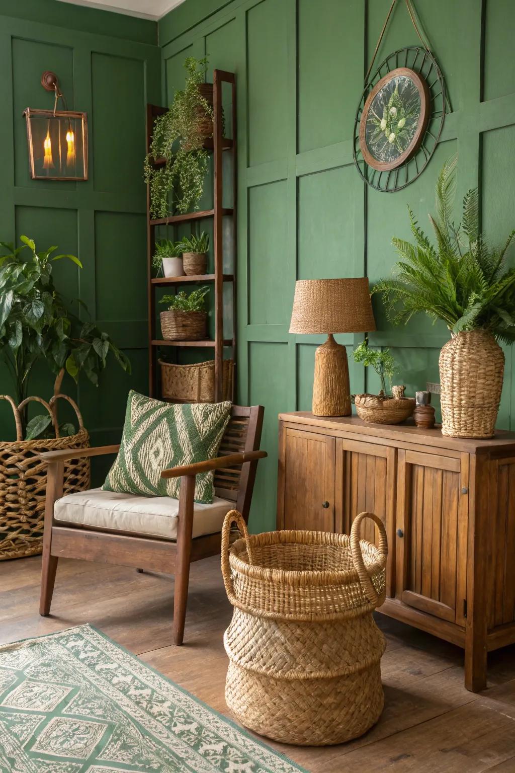 Natural textures pair beautifully with green to create an earthy ambiance.