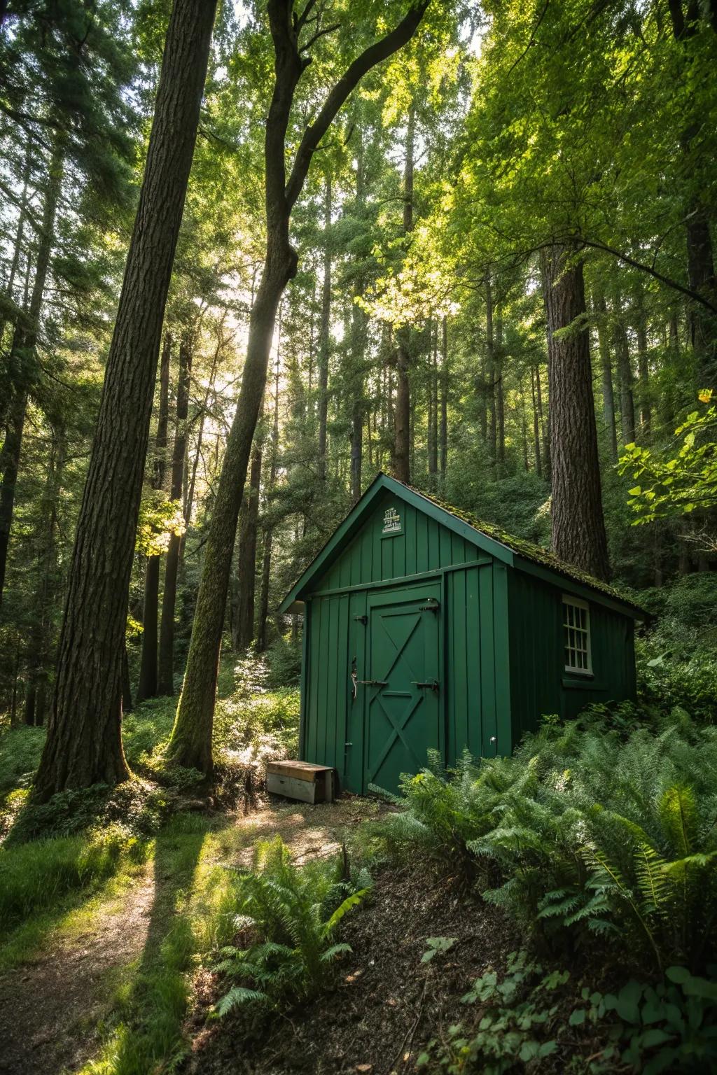 A deep forest green shed offers a tranquil escape in nature.