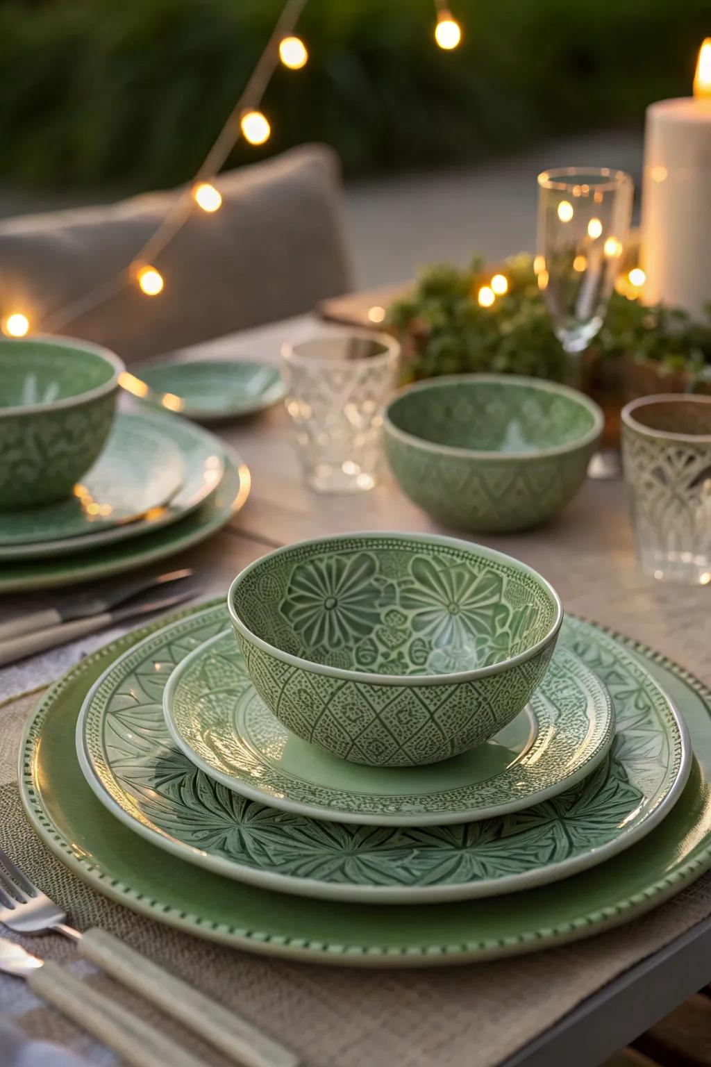 Green tableware with intricate patterns for a sophisticated look.