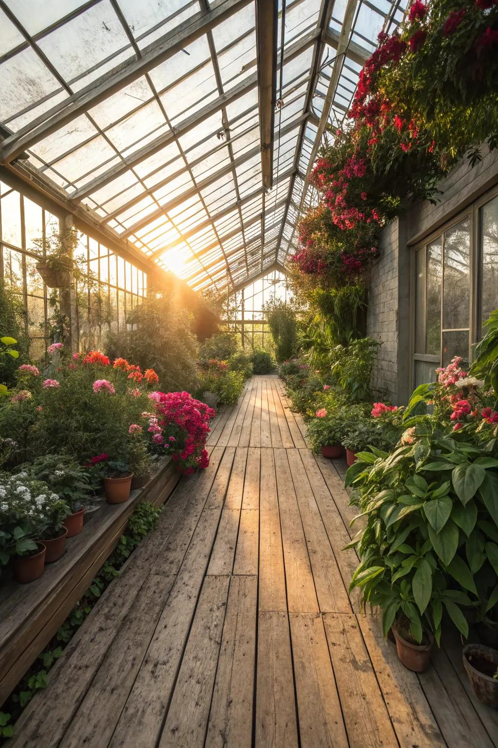 Wood planks provide a natural and cozy greenhouse floor.