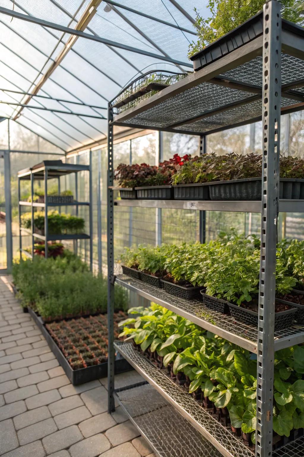 Modern wire mesh shelving for optimal light and air flow.