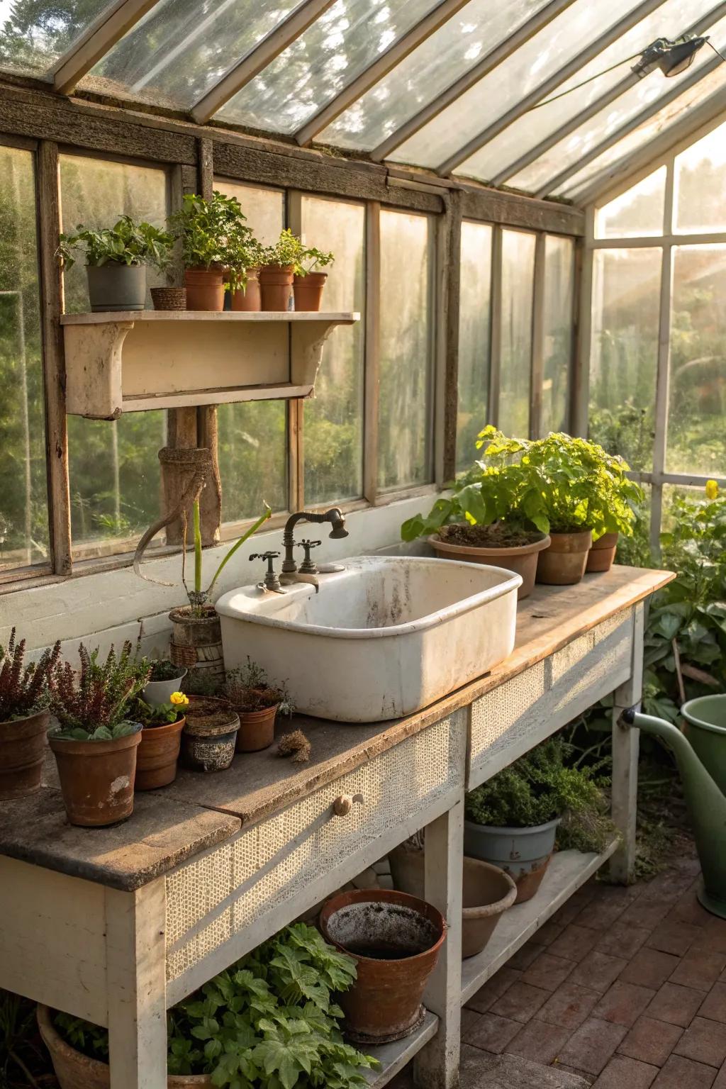 A vintage basin brings timeless elegance to a greenhouse setting.