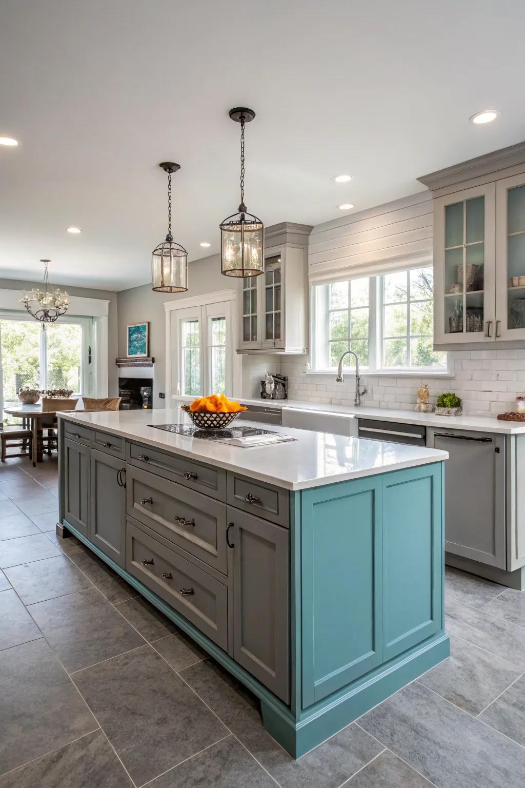 A turquoise island becomes the heart of the kitchen, inviting conversation and connection.