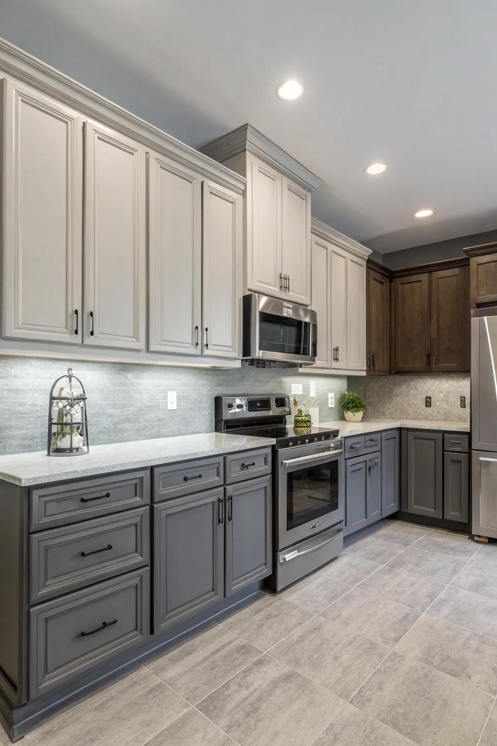 Varying shades of grey add depth and sophistication to this kitchen.