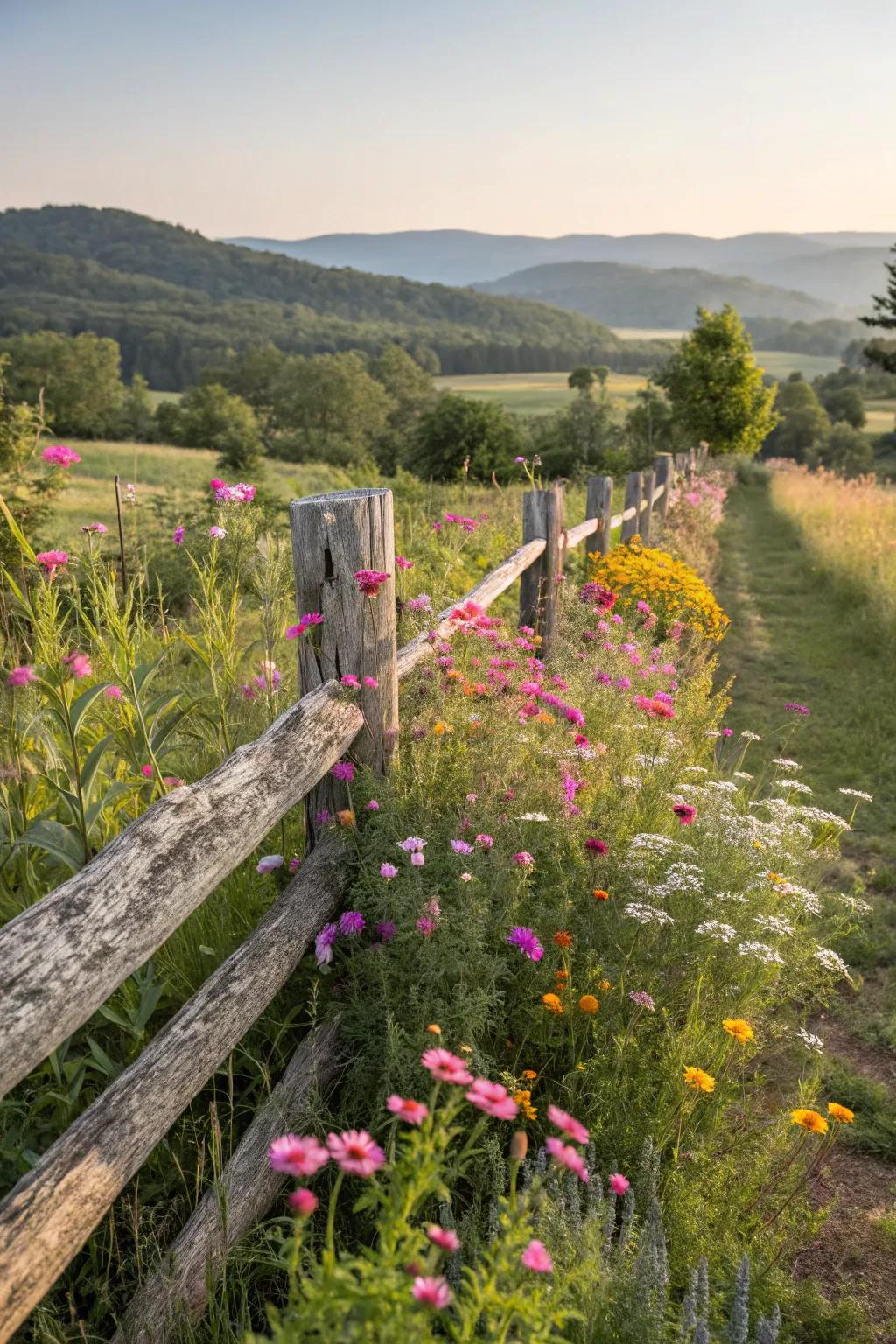 Rustic charm with a split rail fence and wildflowers.