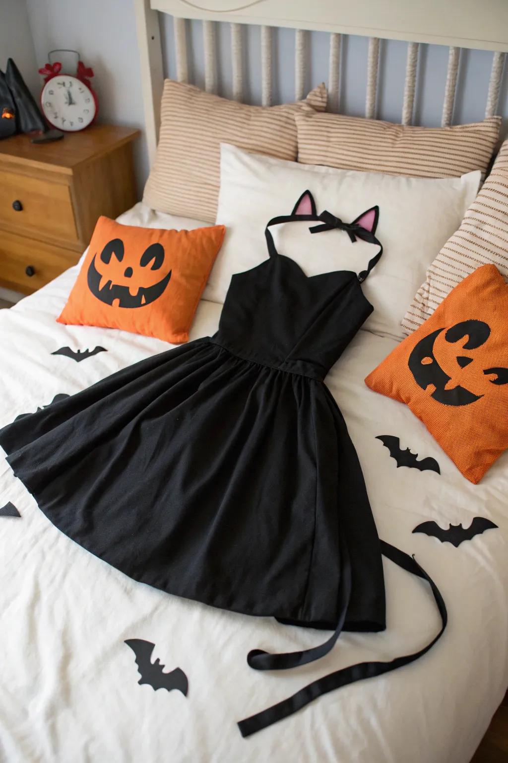 Effortless black cat costume using a black dress.