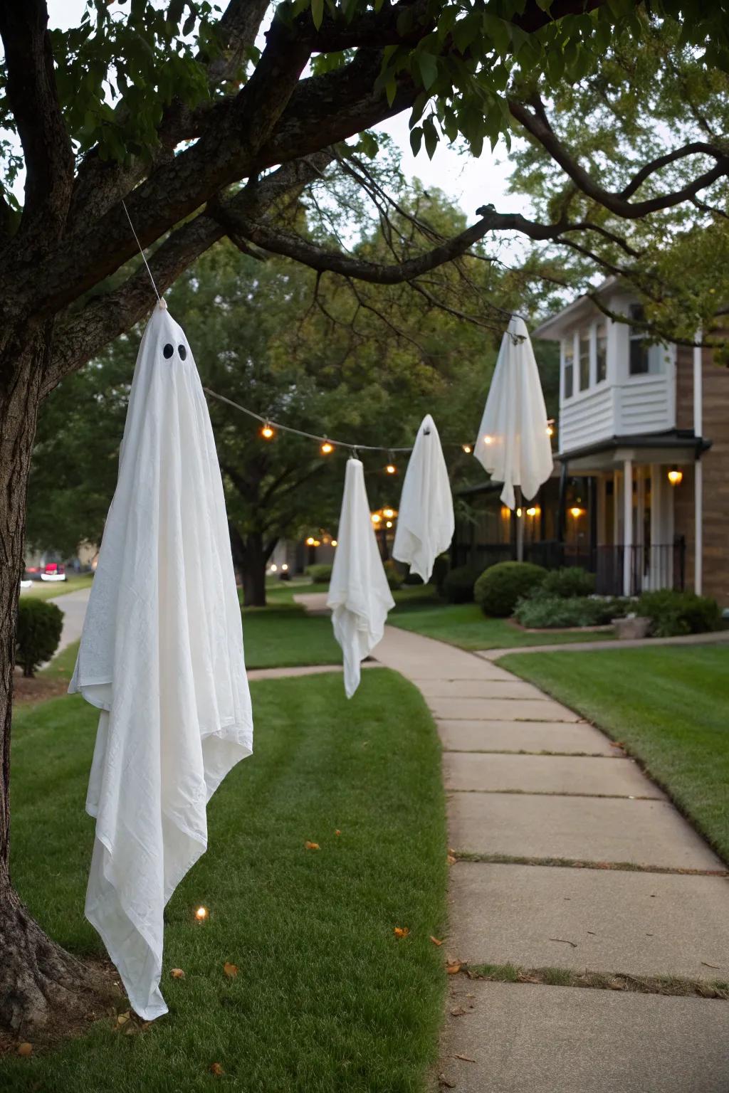 Ghostly figures swaying in the breeze create a chilling effect.