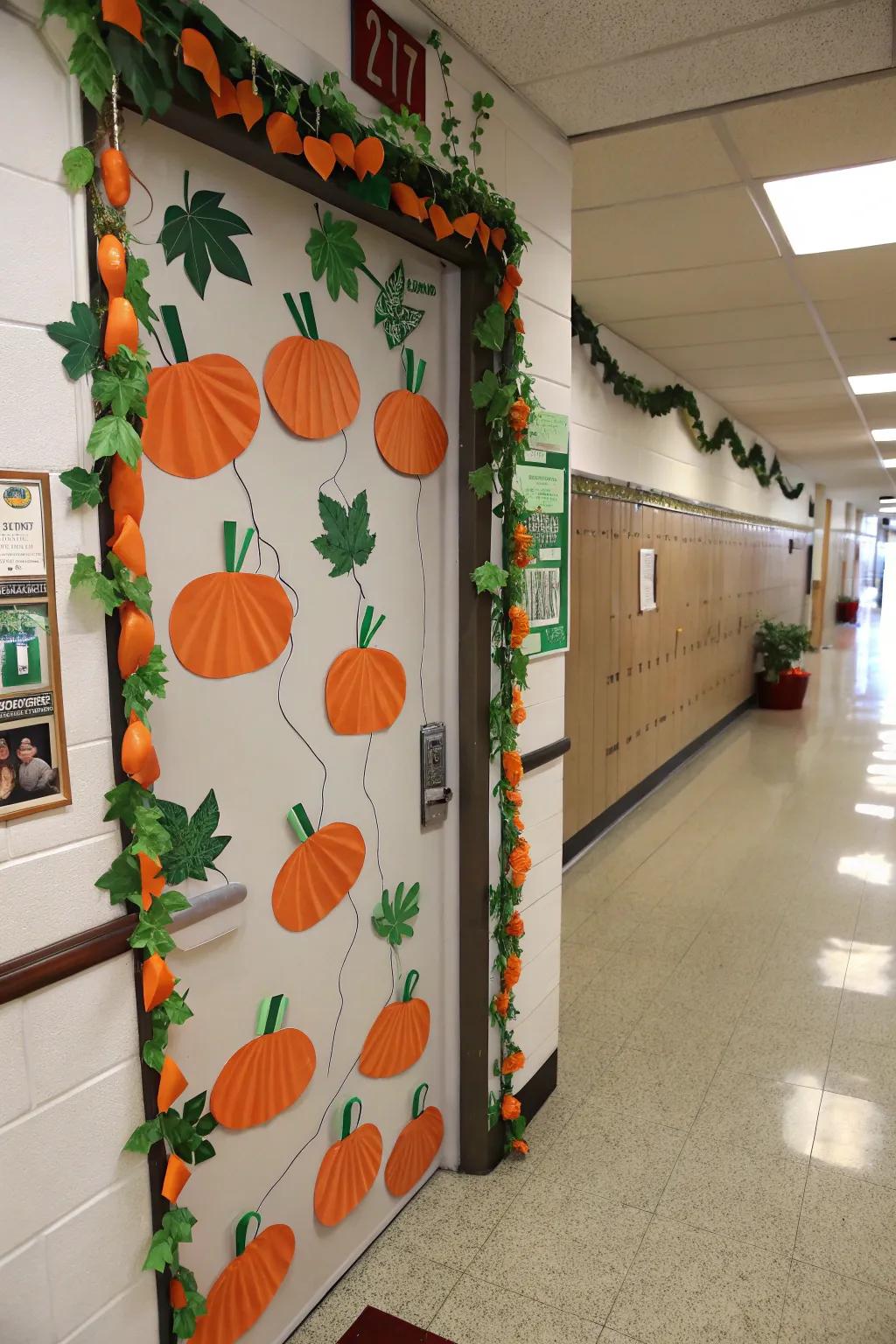 A door transformed into a charming pumpkin patch scene.