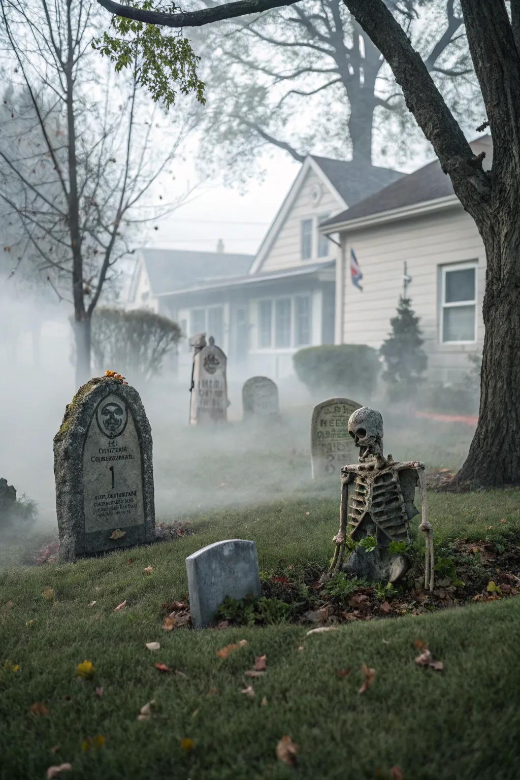 An eerie graveyard setup that brings a spooky edge to your Halloween decor.