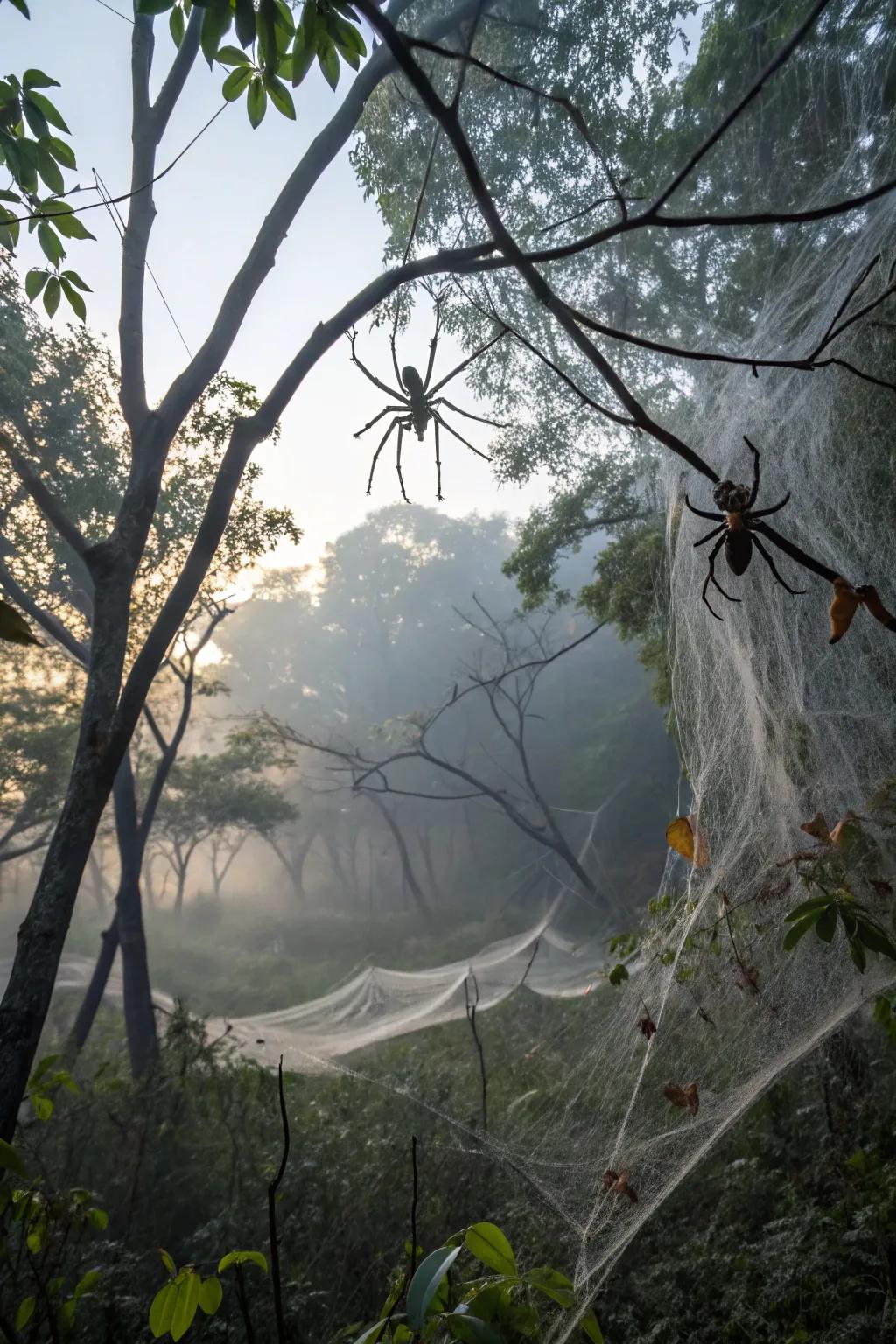 A forest enveloped in thick spider webs, home to giant spiders.