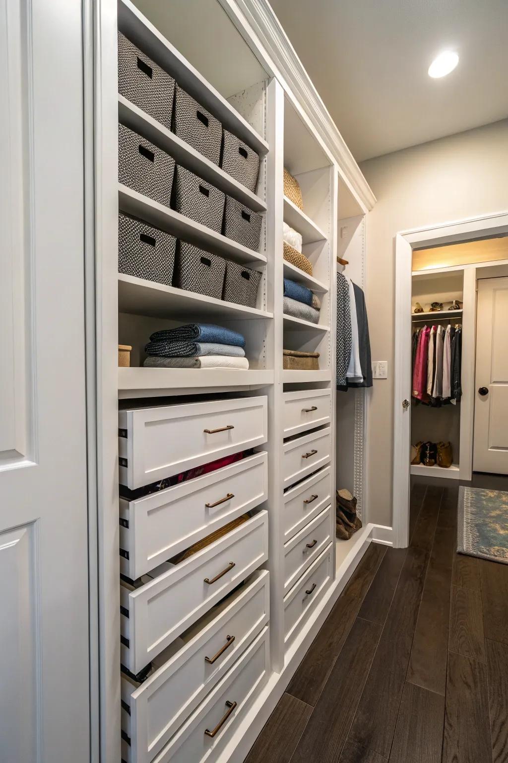 Pull-out drawers in a hallway closet for easy access to stored items.