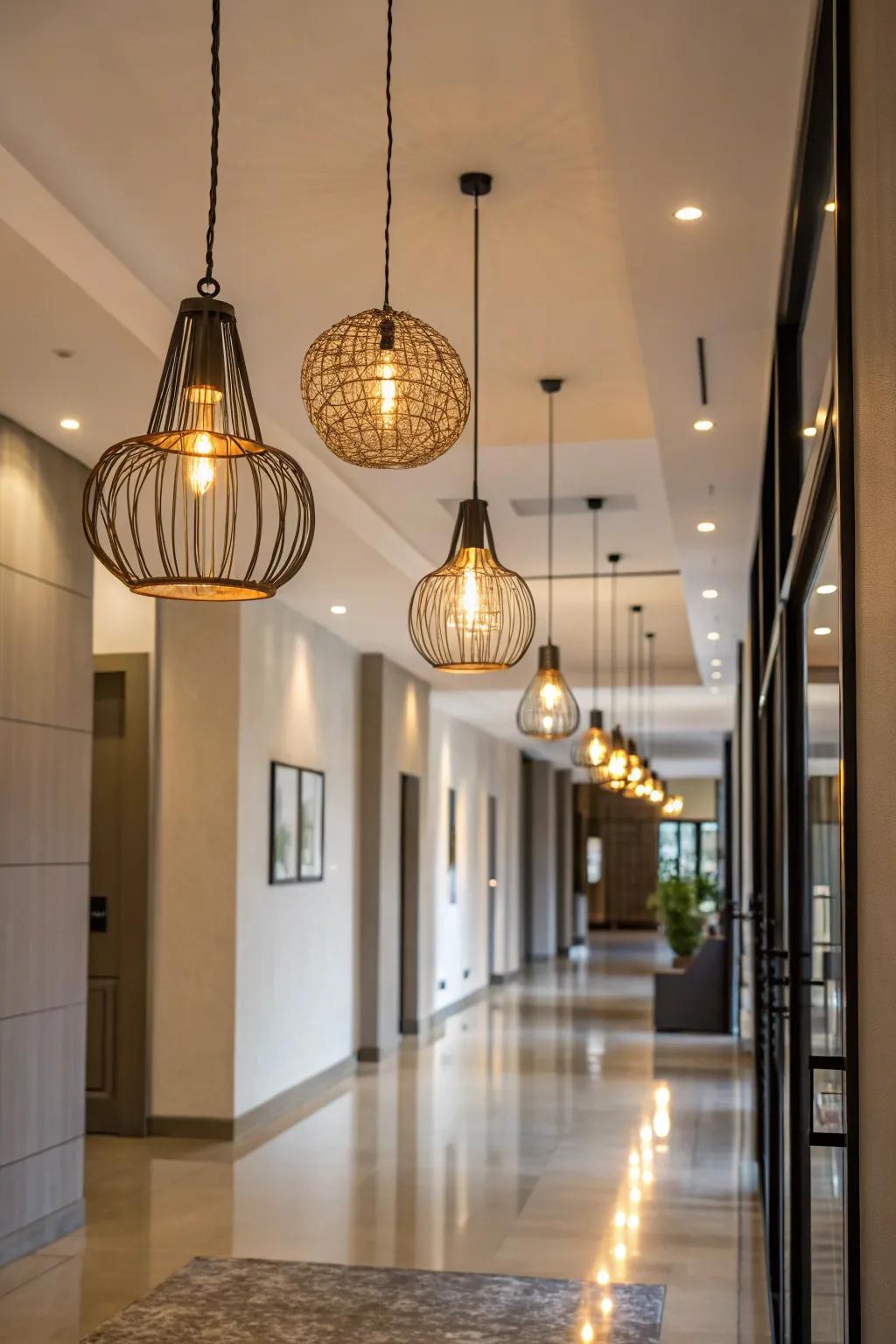 Pendant lights add drama to hallways with high ceilings.