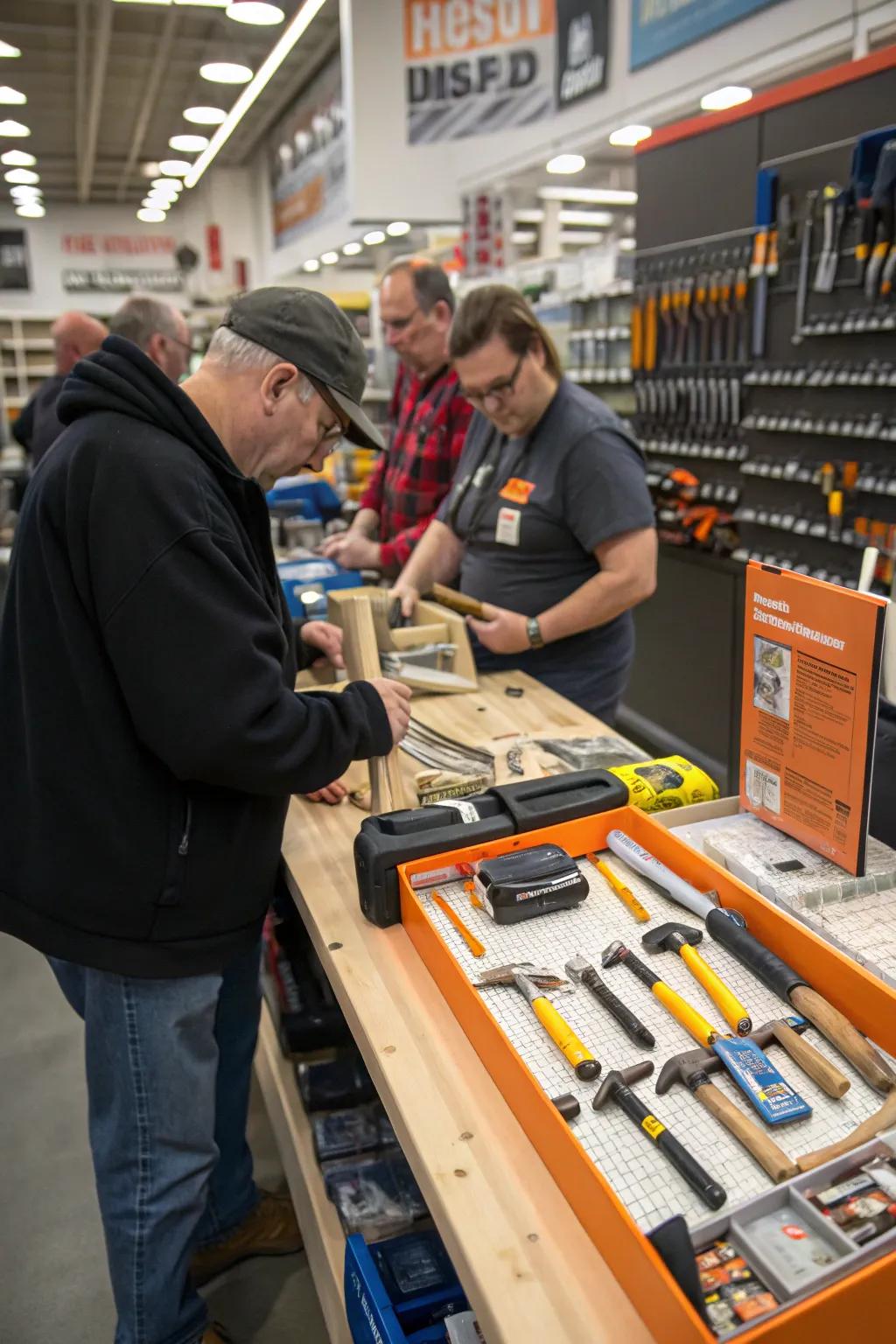 An interactive display featuring a workbench with tools for hands-on experience.