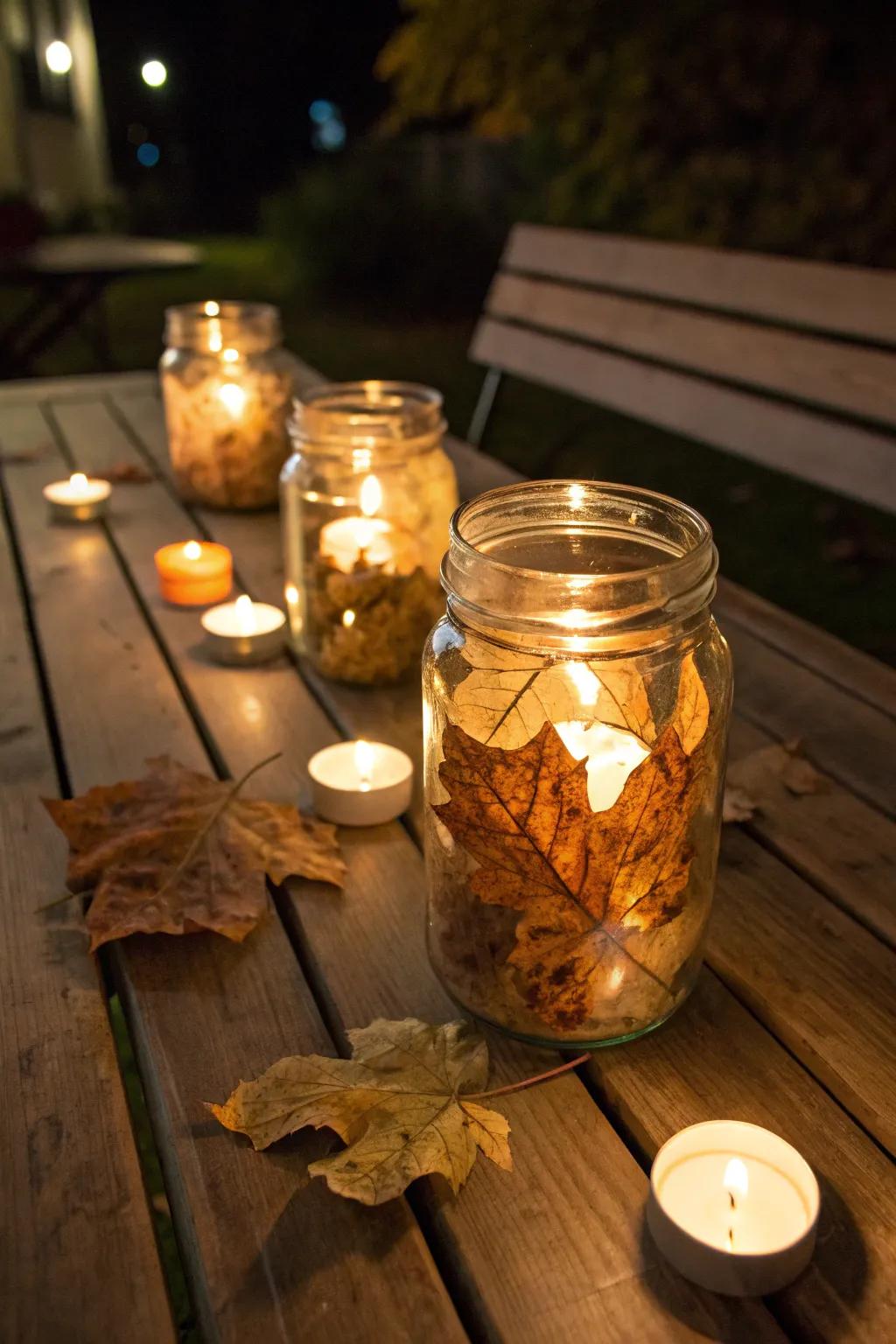 DIY leaf lanterns casting a warm autumn glow.