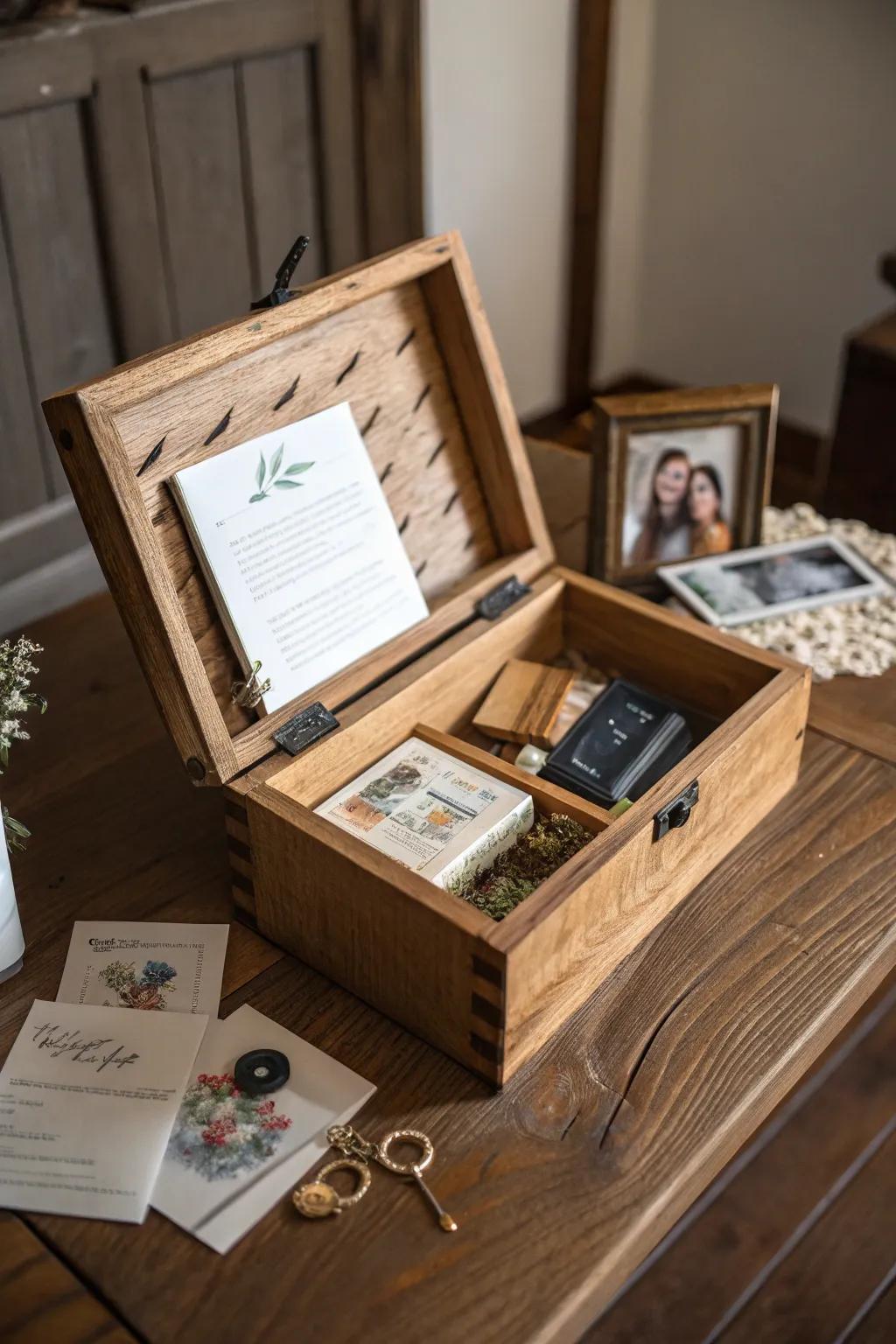 A handcrafted wooden box for storing treasured wedding memories.