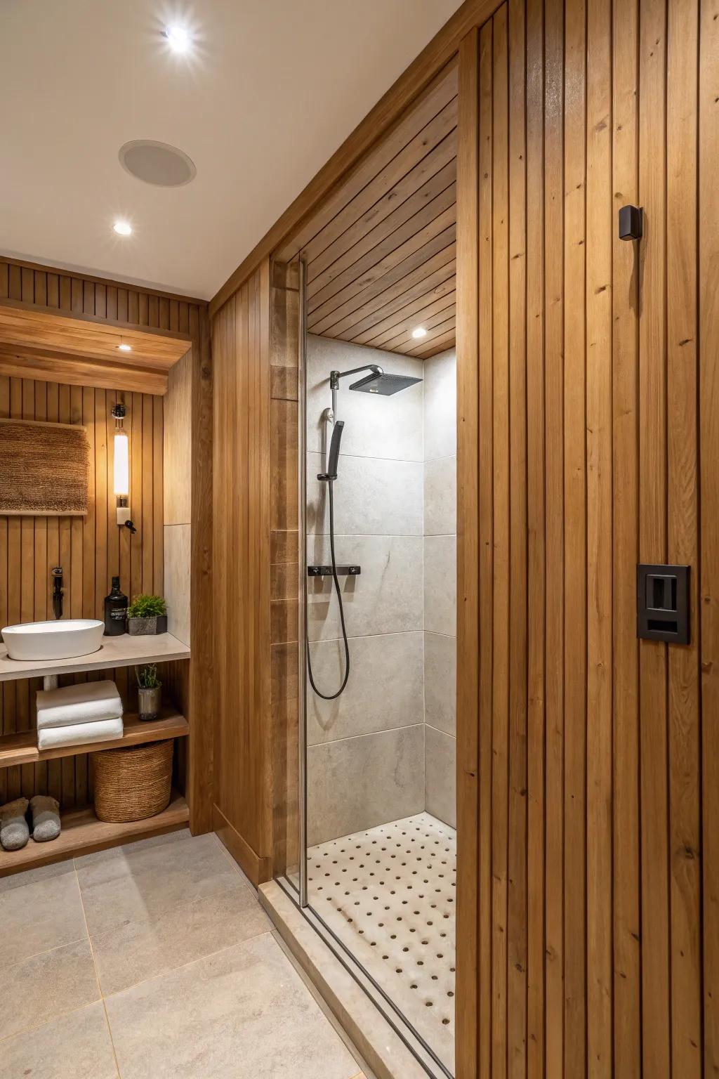 Natural wood panels offer a cozy and seamless shower experience.