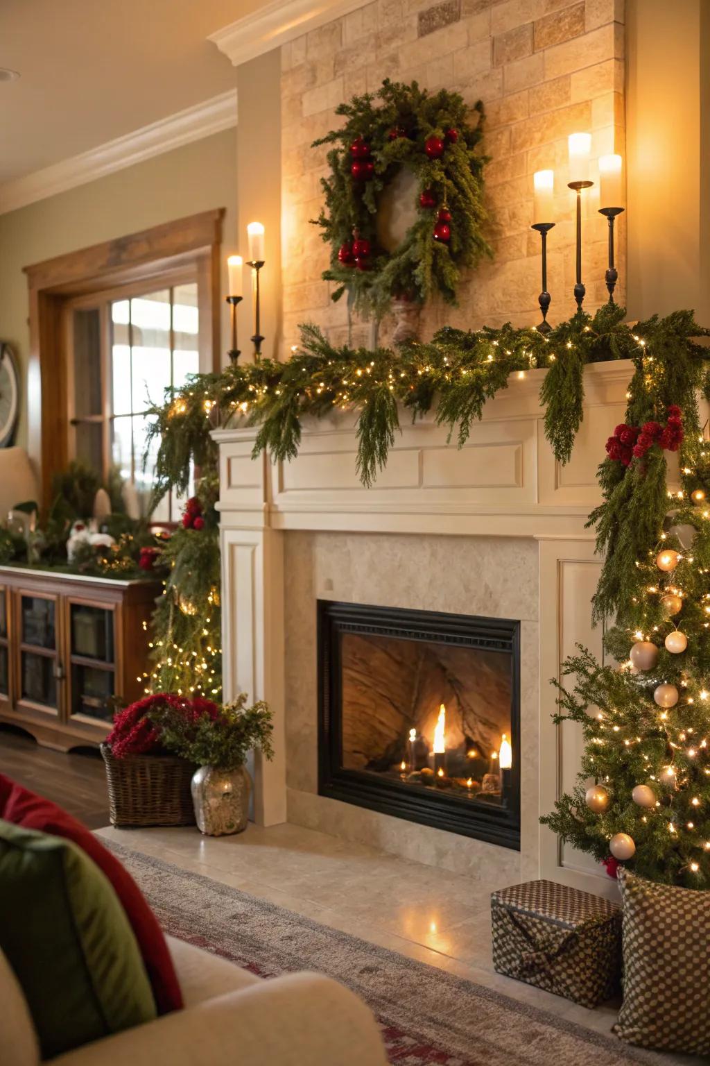 A festive mantel adorned with garlands and twinkle lights.
