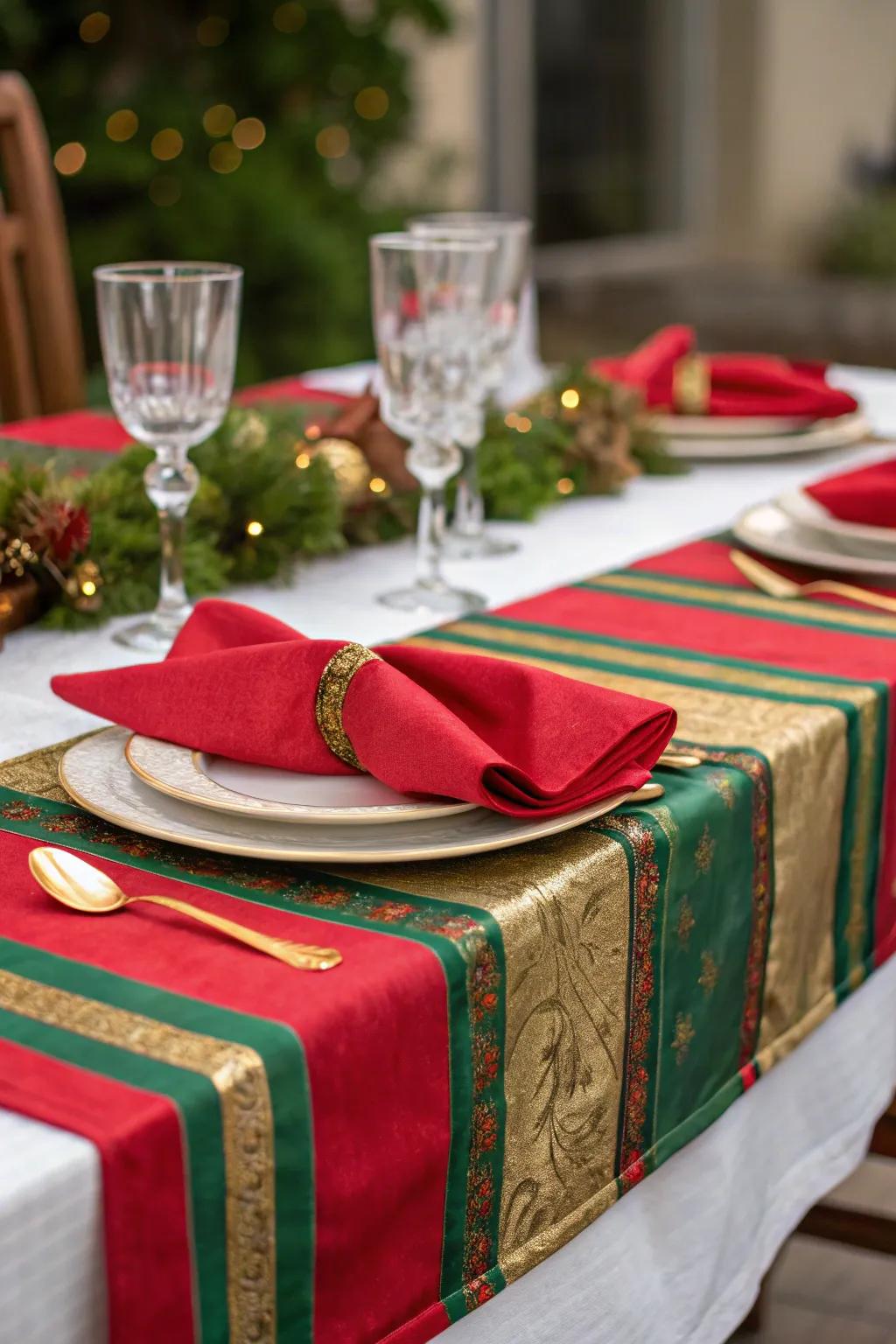 Classic holiday colors create a cohesive and festive table setting.